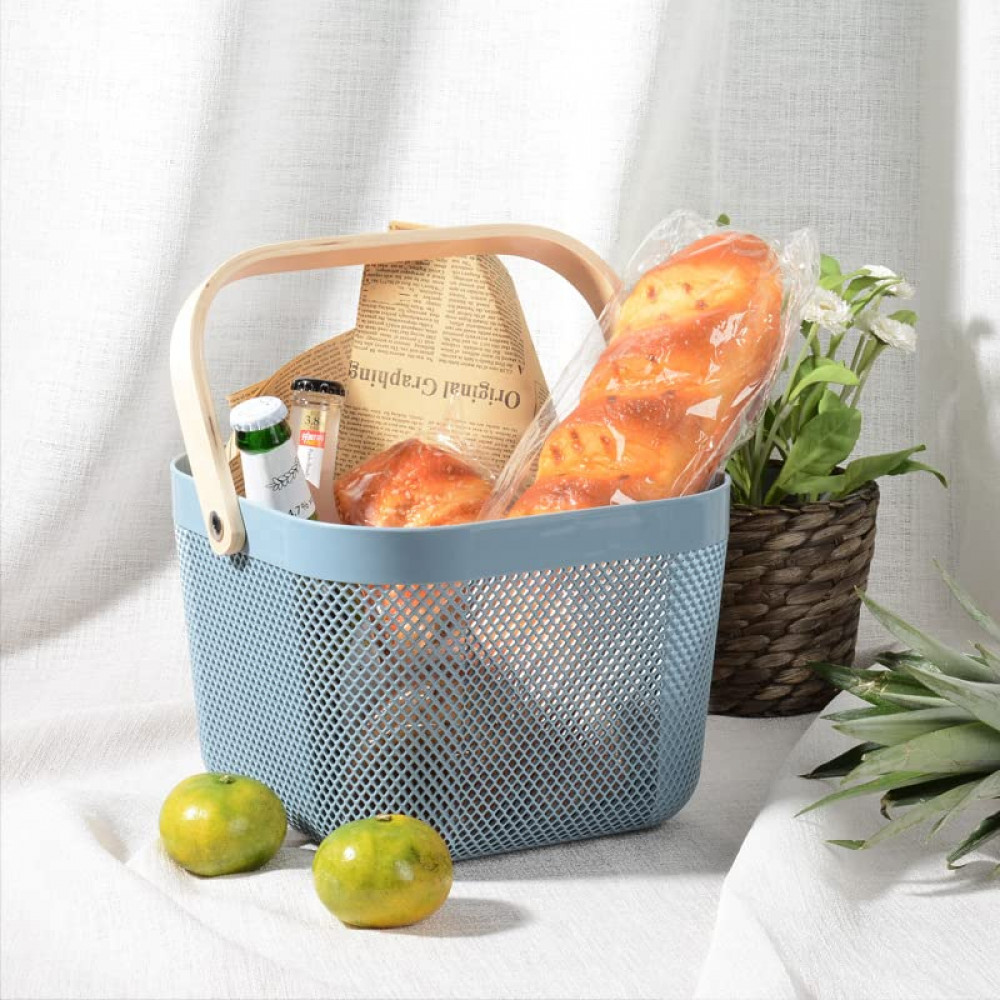 Kuber Industries Metal Wire Basket With Handle|Storage Basket Fot Fruits, Books|Mesh Open Storage Bin|Storage Organizer|Blue