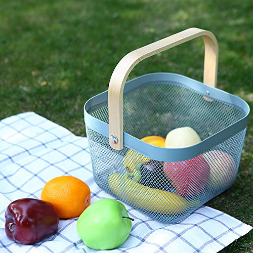 Kuber Industries Metal Wire Basket With Handle|Storage Basket Fot Fruits, Books|Mesh Open Storage Bin|Storage Organizer|Blue