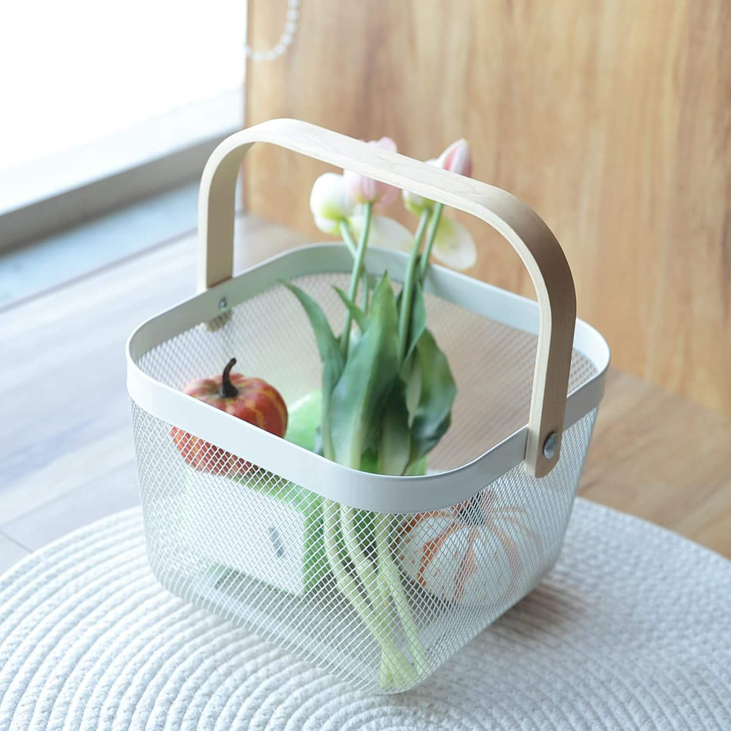 Kuber Industries Metal Wire Basket With Handle|Storage Basket Fot Fruits, Books|Mesh Open Storage Bin|Storage Organizer|White