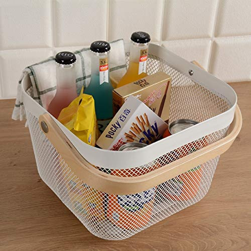 Kuber Industries Metal Wire Basket With Handle|Storage Basket Fot Fruits, Books|Mesh Open Storage Bin|Storage Organizer|White