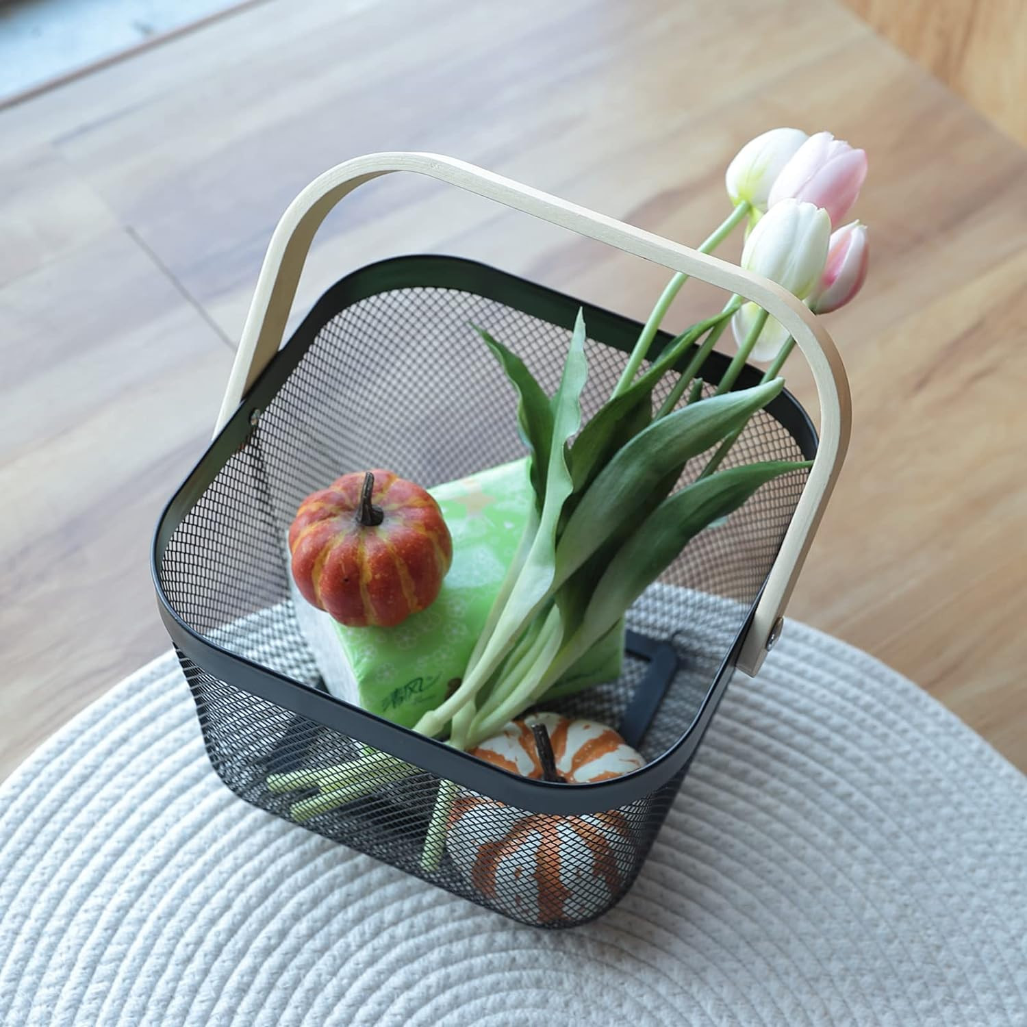 Kuber Industries Metal Wire Basket With Handle|Storage Basket Fot Fruits, Books|Mesh Open Storage Bin|Storage Organizer|Black