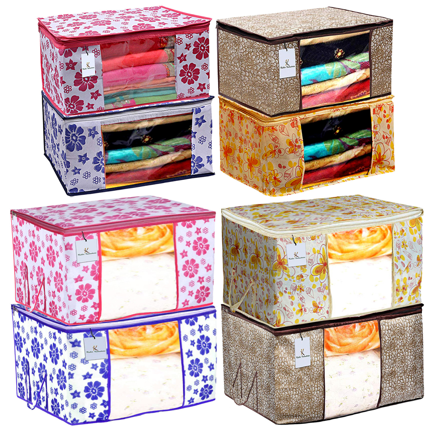 Kuber Industries Metalic & Flower Printed 4 Piece Non Woven Saree Cover And 4 Pieces Underbed Storage Bag, Storage Organiser, Blanket Cover, Pink & Blue & Ivory Red & Golden Brown  -CTKTC42449