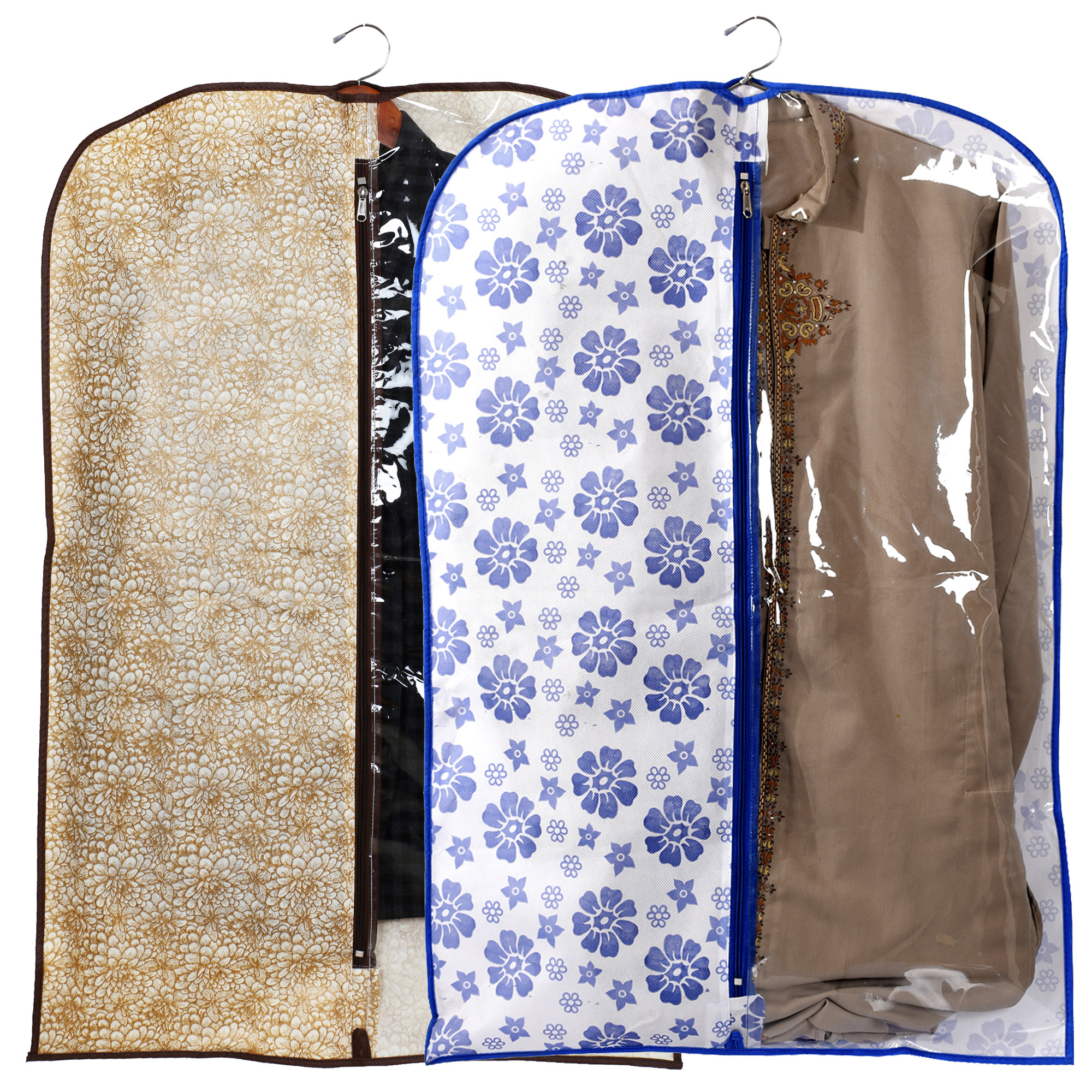 Kuber Industries Metalic & Flower Printed Half Transparent Non Woven Men's Coat Blazer Suit Cover (Blue & Golden Brown)  -CTKTC41937