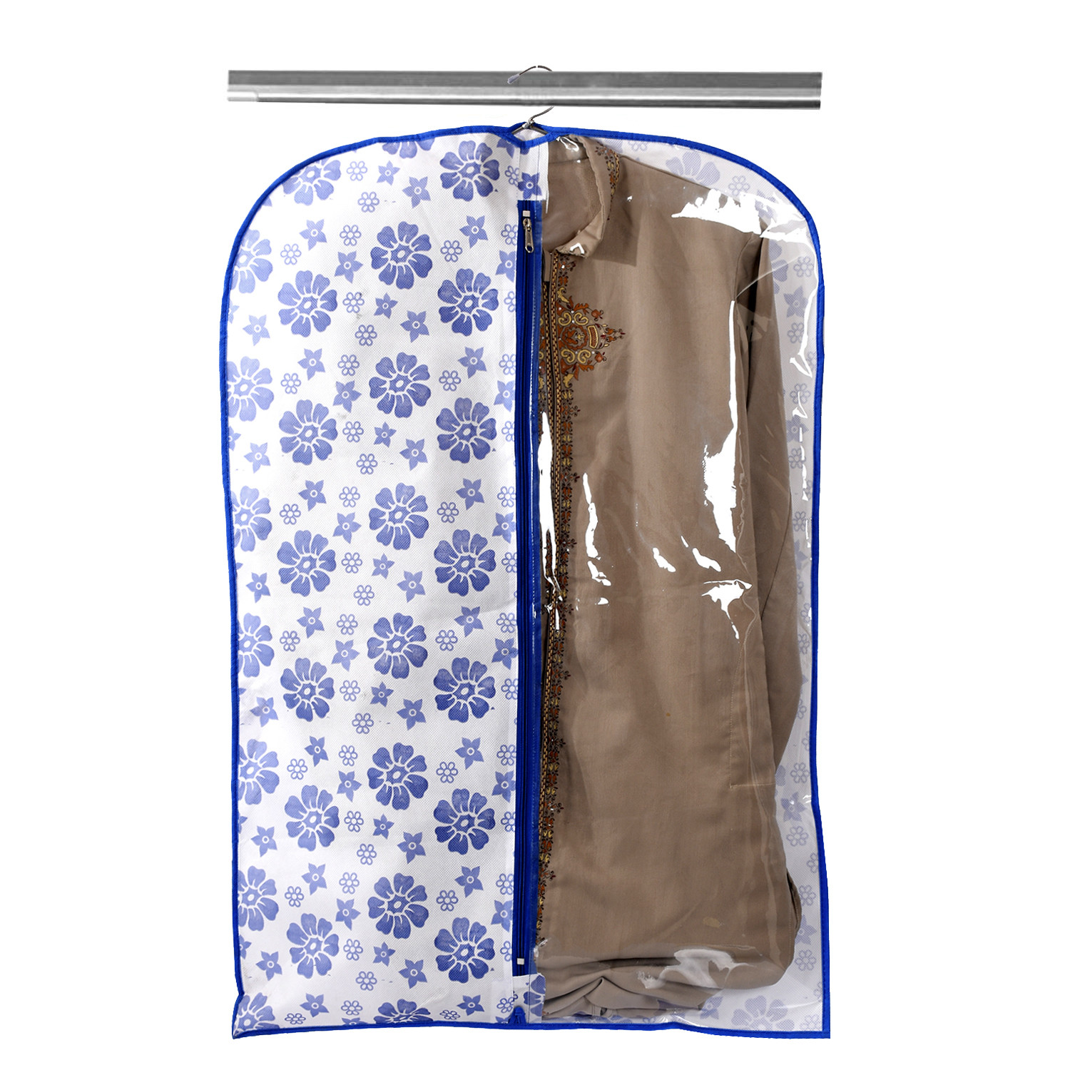 Kuber Industries Metalic & Flower Printed Half Transparent Non Woven Men's Coat Blazer Suit Cover (Blue & Golden Brown)  -CTKTC41937