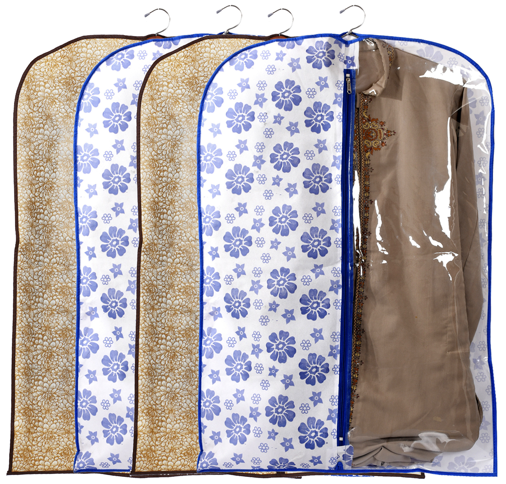 Kuber Industries Metalic & Flower Printed Half Transparent Non Woven Men's Coat Blazer Suit Cover (Blue & Golden Brown)  -CTKTC41937