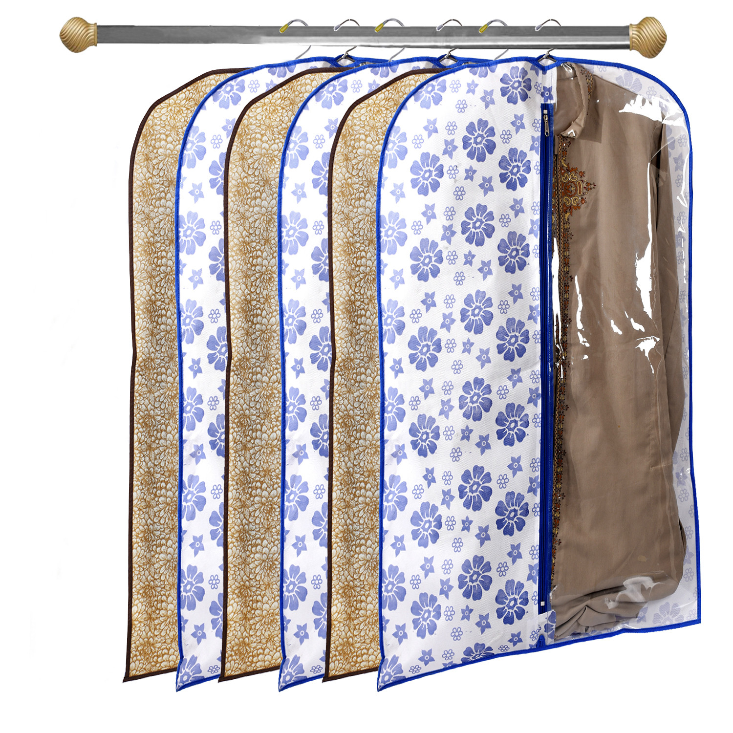 Kuber Industries Metalic & Flower Printed Half Transparent Non Woven Men's Coat Blazer Suit Cover (Blue & Golden Brown)  -CTKTC41937