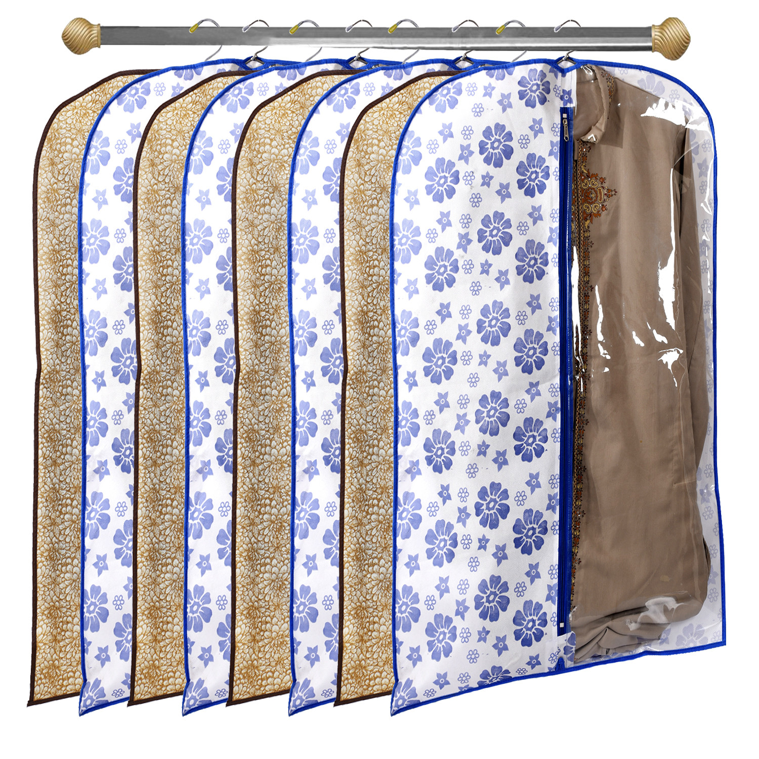 Kuber Industries Metalic & Flower Printed Half Transparent Non Woven Men's Coat Blazer Suit Cover (Blue & Golden Brown)  -CTKTC41937
