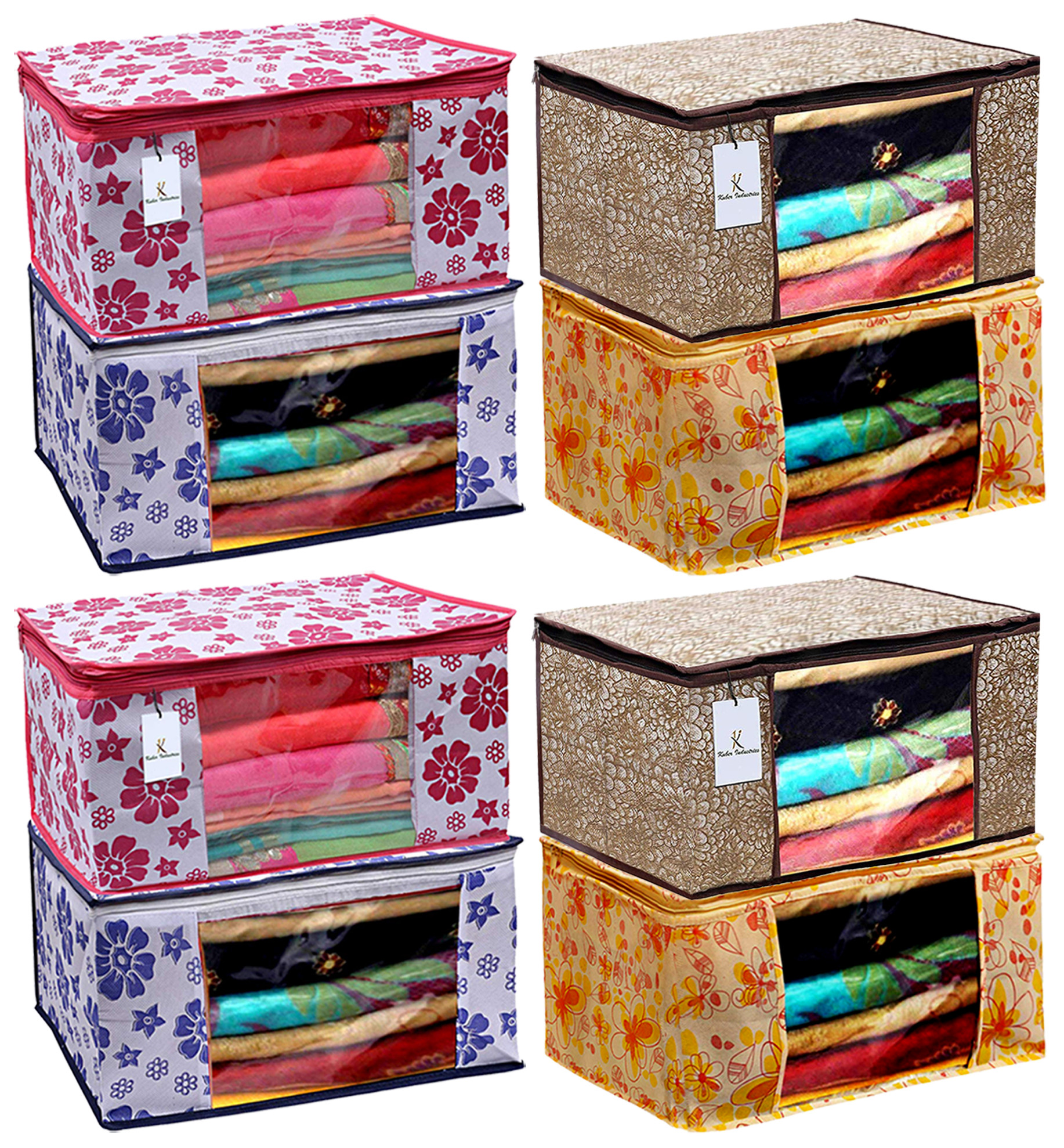Kuber Industries Metalic & Flower Printed Non Woven Fabric Saree Cover Set with Transparent Window, Extra Large, Pink & Blue & Ivory Red & Golden Brown -CTKTC40845