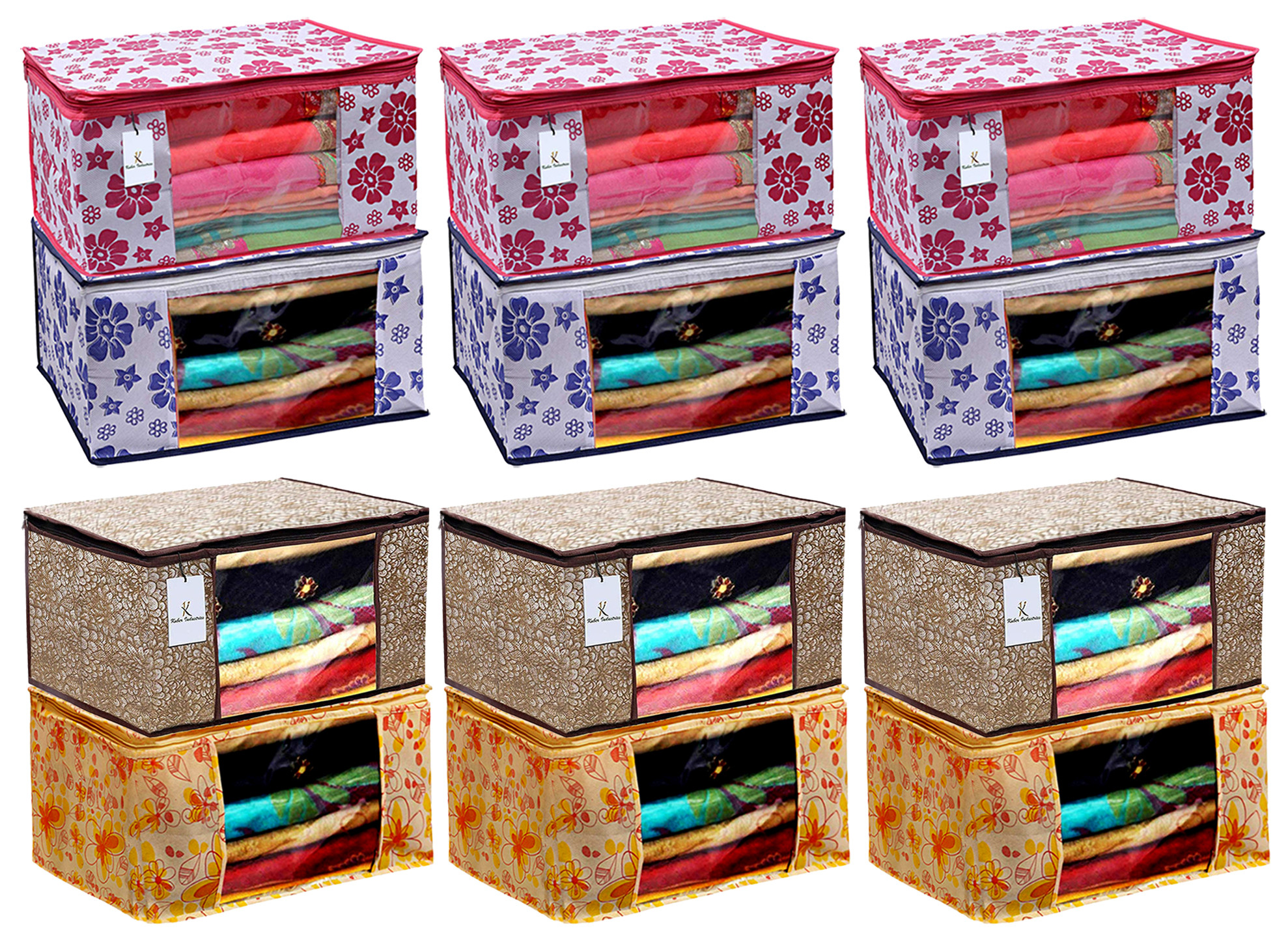Kuber Industries Metalic & Flower Printed Non Woven Fabric Saree Cover Set with Transparent Window, Extra Large, Pink & Blue & Ivory Red & Golden Brown -CTKTC40845