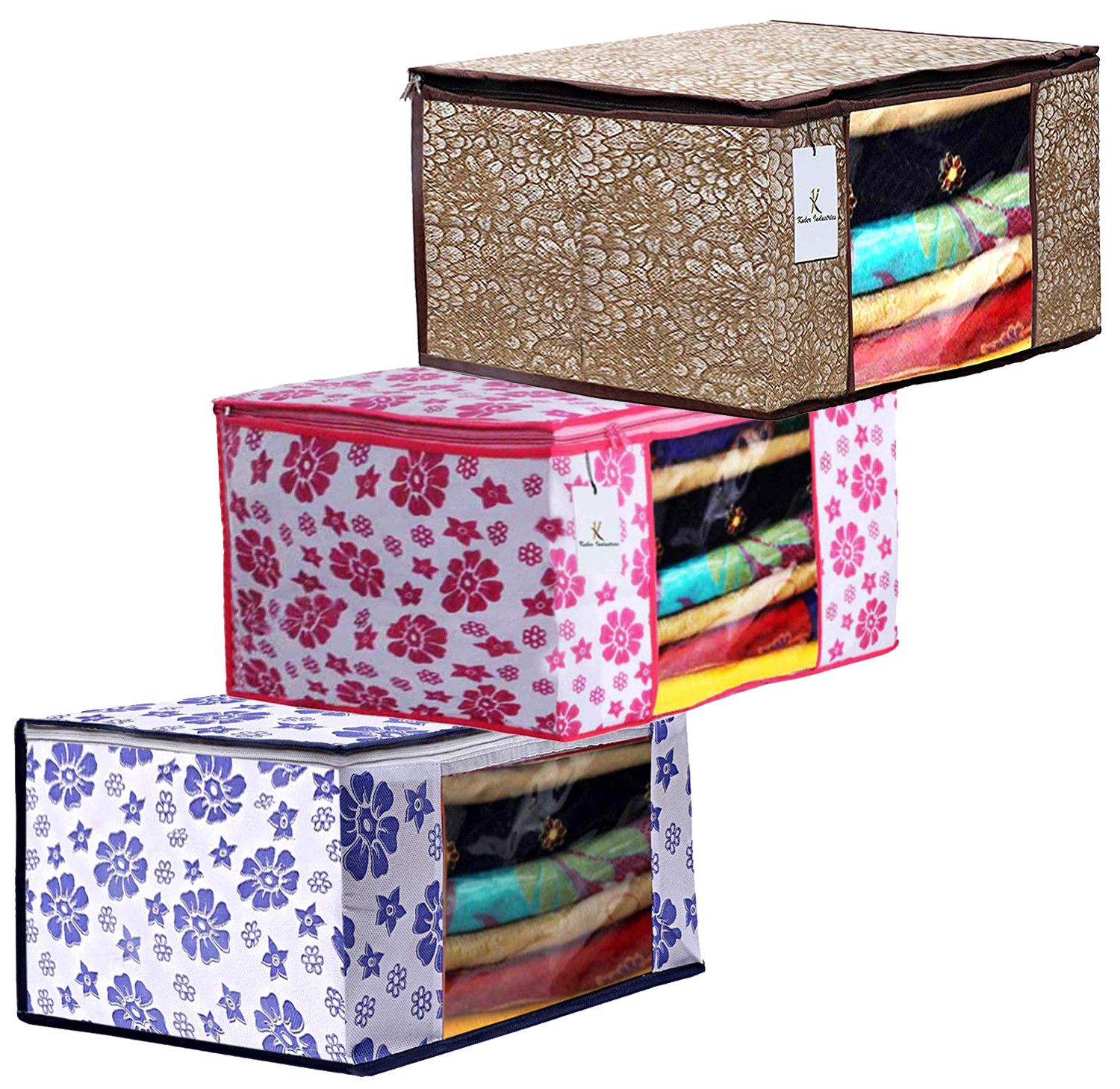 Kuber Industries Metalic & Flower Printed Non Woven Fabric Saree Cover Set with Transparent Window, Extra Large, Golden Brown & Pink & Blue -CTKTC40805