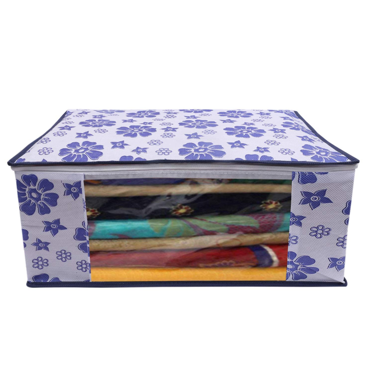 Kuber Industries Metalic & Flower Printed Non Woven Fabric Saree Cover Set with Transparent Window, Extra Large, Golden Brown & Pink & Blue -CTKTC40805