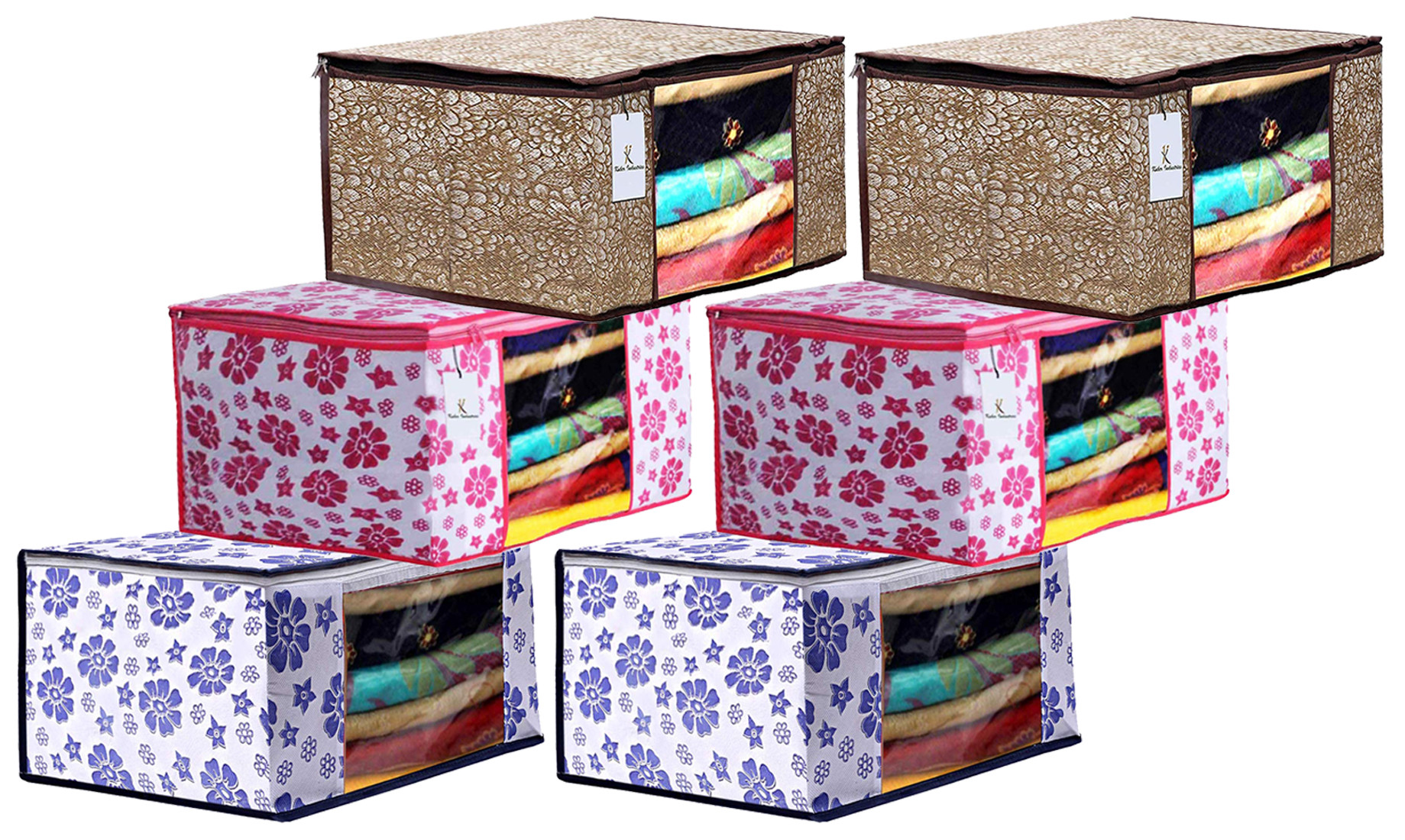 Kuber Industries Metalic & Flower Printed Non Woven Fabric Saree Cover Set with Transparent Window, Extra Large, Golden Brown & Pink & Blue -CTKTC40805
