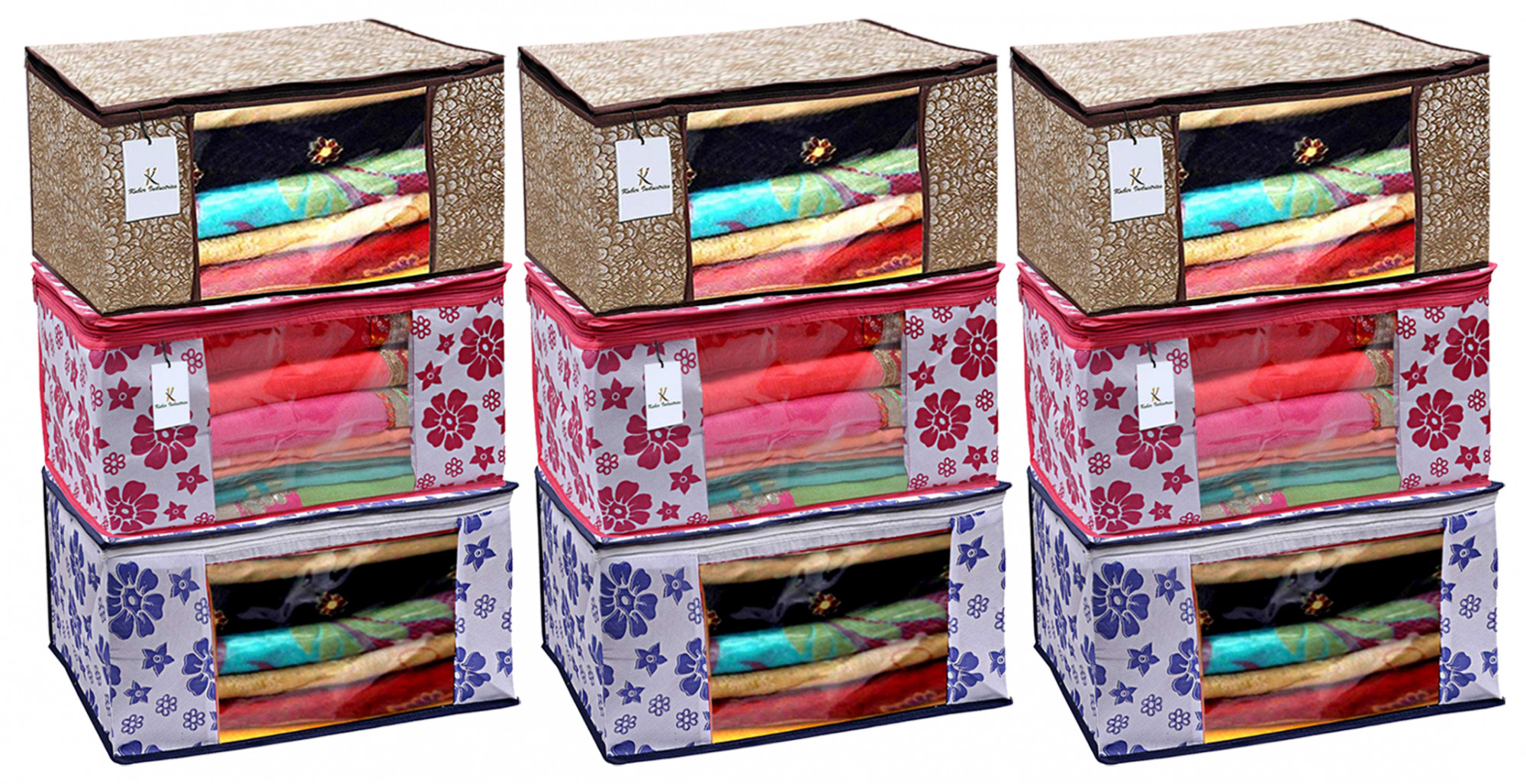 Kuber Industries Metalic & Flower Printed Non Woven Fabric Saree Cover Set with Transparent Window, Extra Large, Golden Brown & Pink & Blue -CTKTC40805