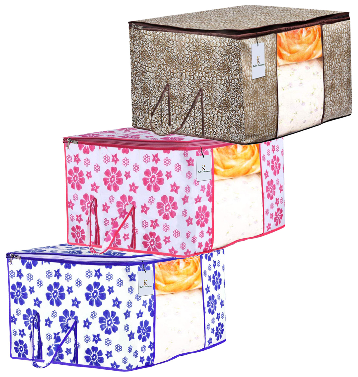 Kuber Industries Metalic & Flower Printed Non Woven Fabric Underbed Storage Bag,Cloth Organiser,Blanket Cover with Transparent Window, Golden Brown & Pink & Blue -CTKTC41083