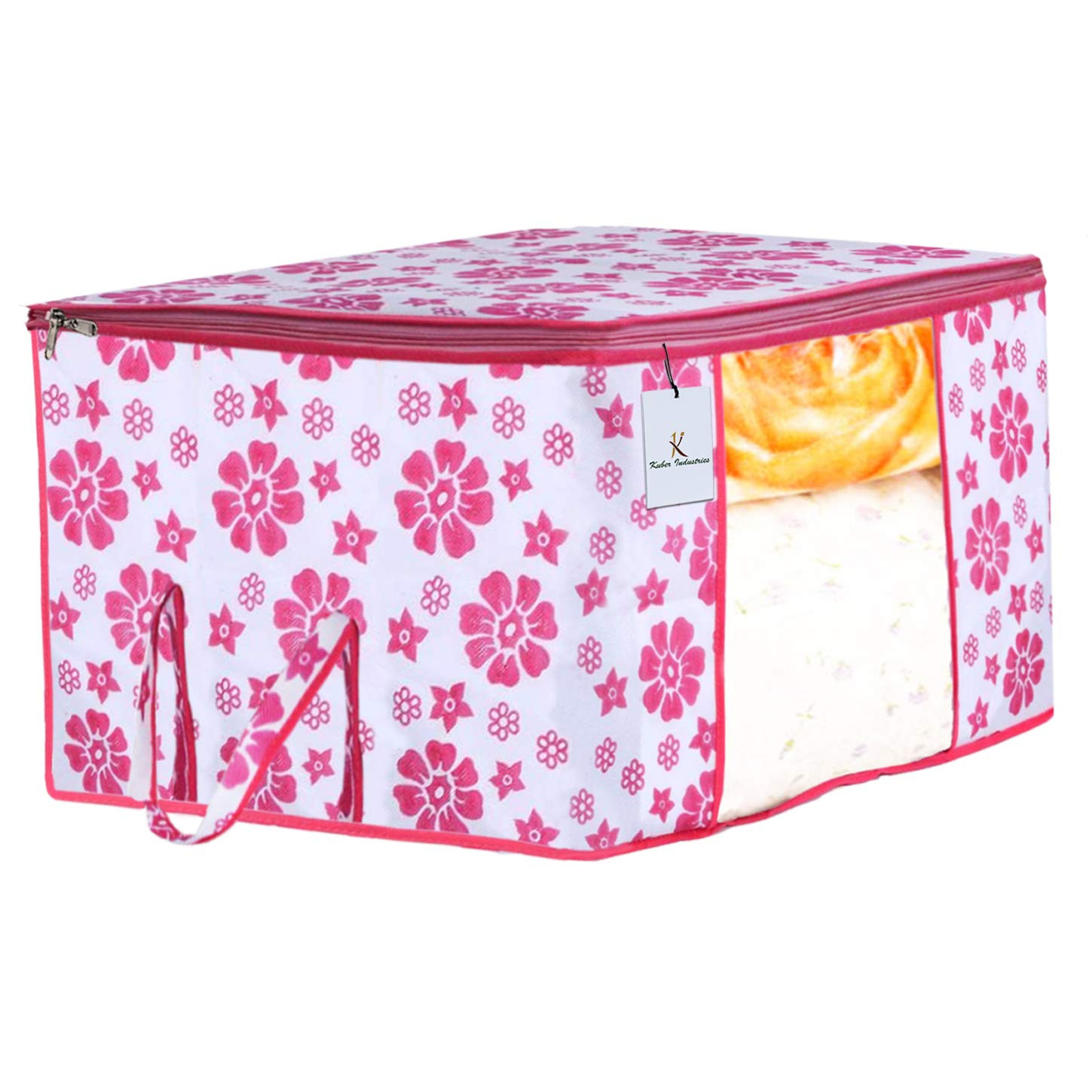 Kuber Industries Metalic & Flower Printed Non Woven Fabric Underbed Storage Bag,Cloth Organiser,Blanket Cover with Transparent Window, Golden Brown & Pink & Blue -CTKTC41083
