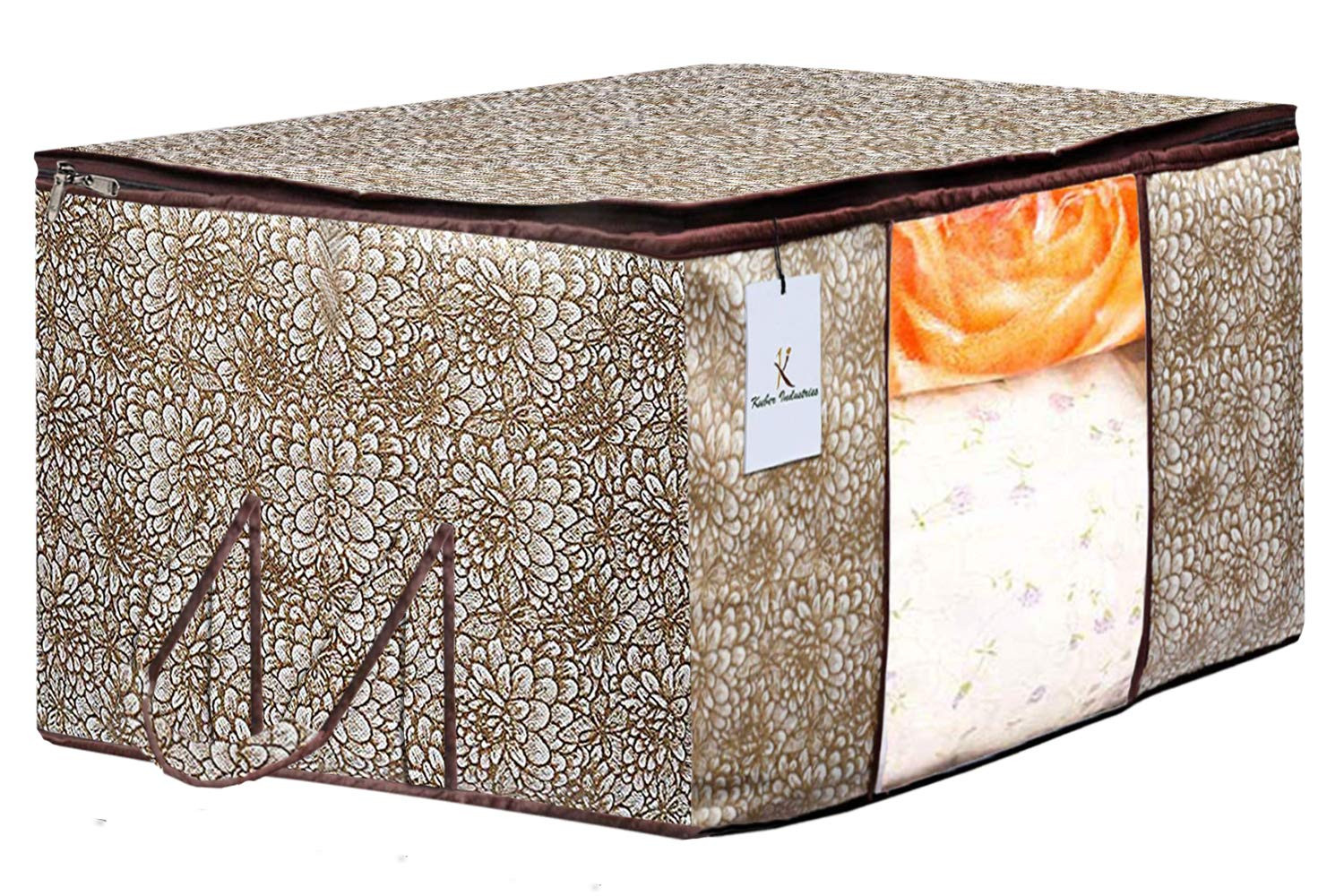 Kuber Industries Metalic & Flower Printed Non Woven Fabric Underbed Storage Bag,Cloth Organiser,Blanket Cover with Transparent Window, Golden Brown & Pink & Blue -CTKTC41083