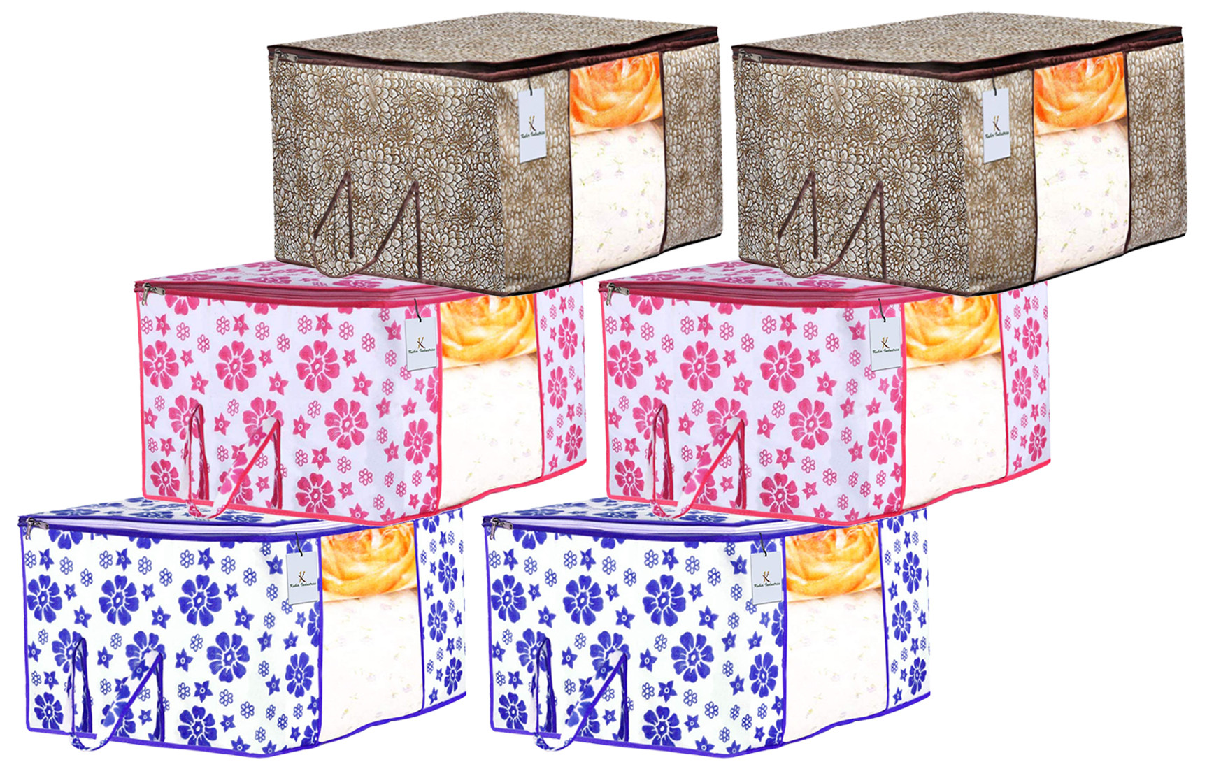 Kuber Industries Metalic & Flower Printed Non Woven Fabric Underbed Storage Bag,Cloth Organiser,Blanket Cover with Transparent Window, Golden Brown & Pink & Blue -CTKTC41083