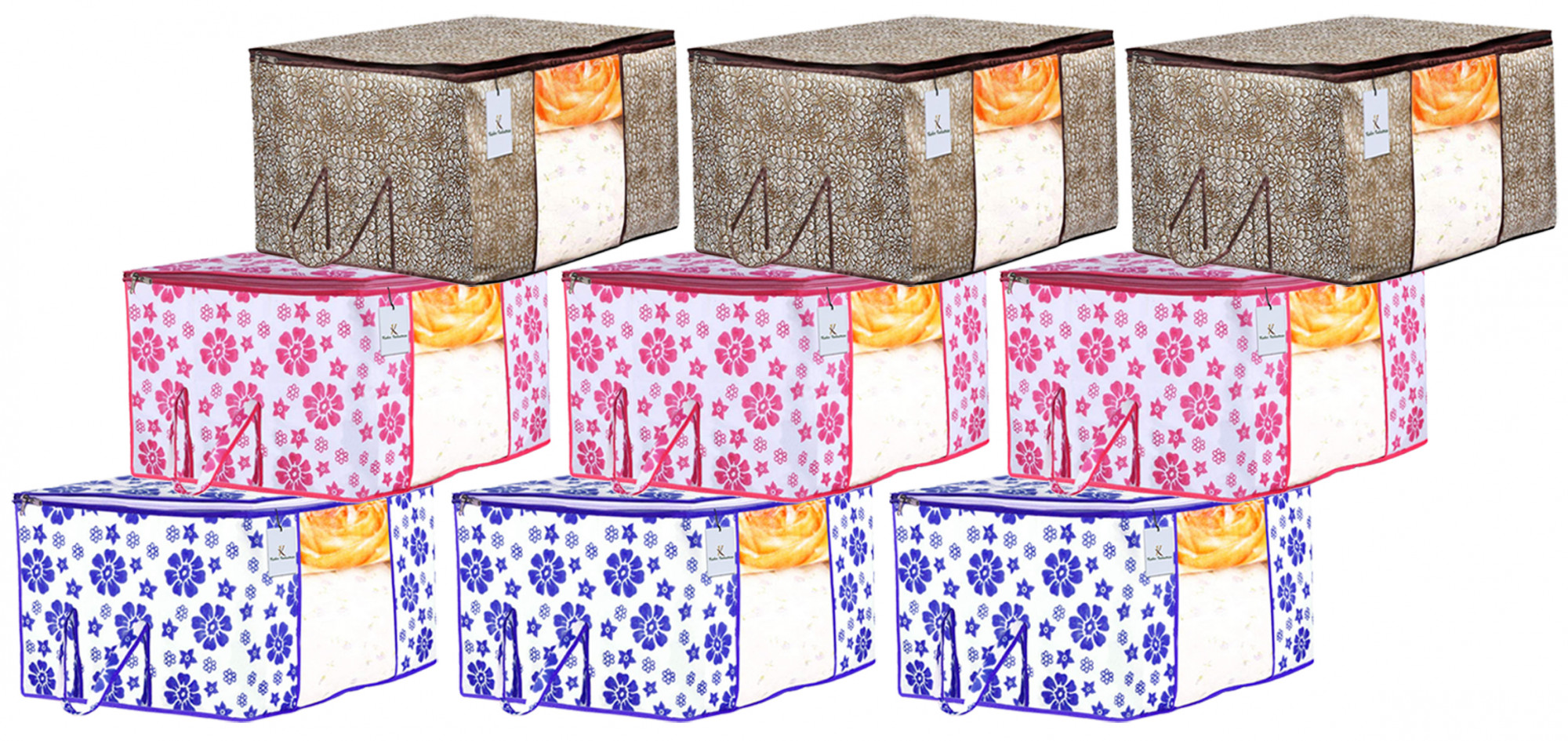 Kuber Industries Metalic & Flower Printed Non Woven Fabric Underbed Storage Bag,Cloth Organiser,Blanket Cover with Transparent Window, Golden Brown & Pink & Blue -CTKTC41083