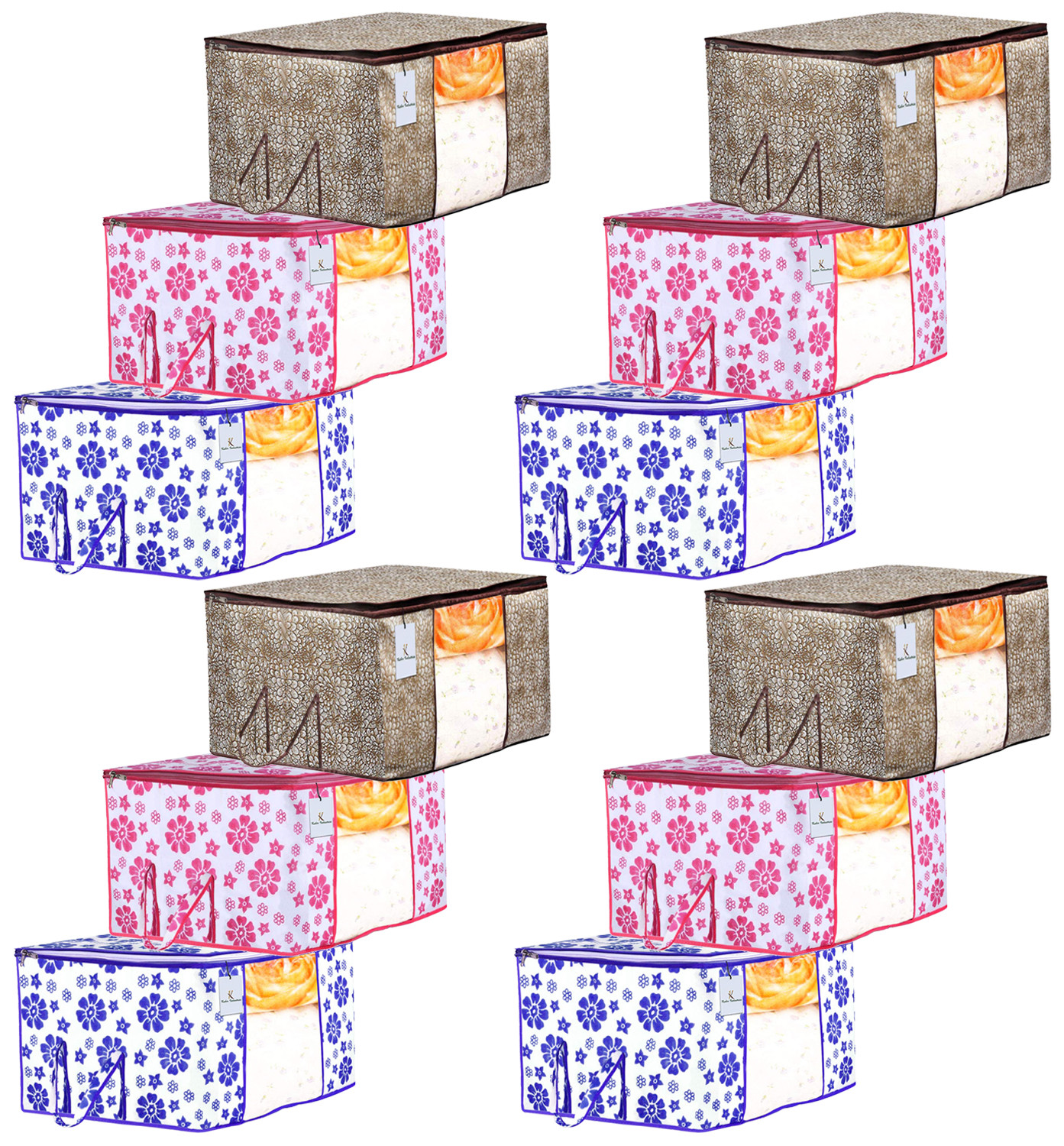 Kuber Industries Metalic & Flower Printed Non Woven Fabric Underbed Storage Bag,Cloth Organiser,Blanket Cover with Transparent Window, Golden Brown & Pink & Blue -CTKTC41083
