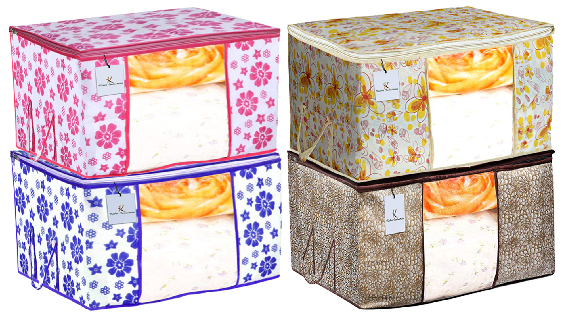 Kuber Industries Metalic & Flower Printed Non Woven Fabric Underbed Storage Bag,Cloth Organiser,Blanket Cover with Transparent Window, Pink & Blue & Ivory Red & Golden Brown -CTKTC41123