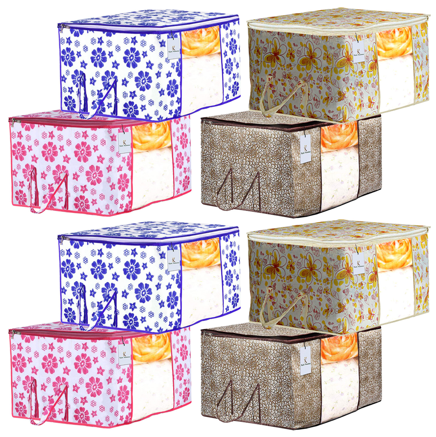 Kuber Industries Metalic & Flower Printed Non Woven Fabric Underbed Storage Bag,Cloth Organiser,Blanket Cover with Transparent Window, Pink & Blue & Ivory Red & Golden Brown -CTKTC41123