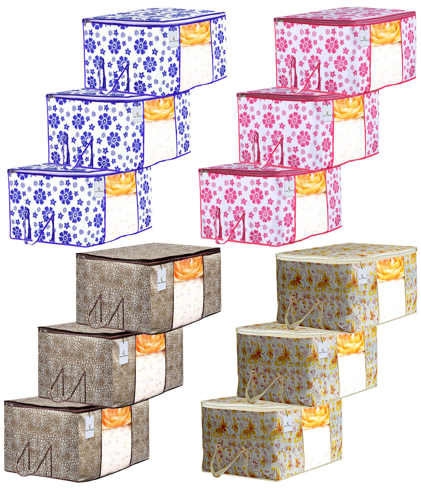 Kuber Industries Metalic & Flower Printed Non Woven Fabric Underbed Storage Bag,Cloth Organiser,Blanket Cover with Transparent Window, Pink & Blue & Ivory Red & Golden Brown -CTKTC41123