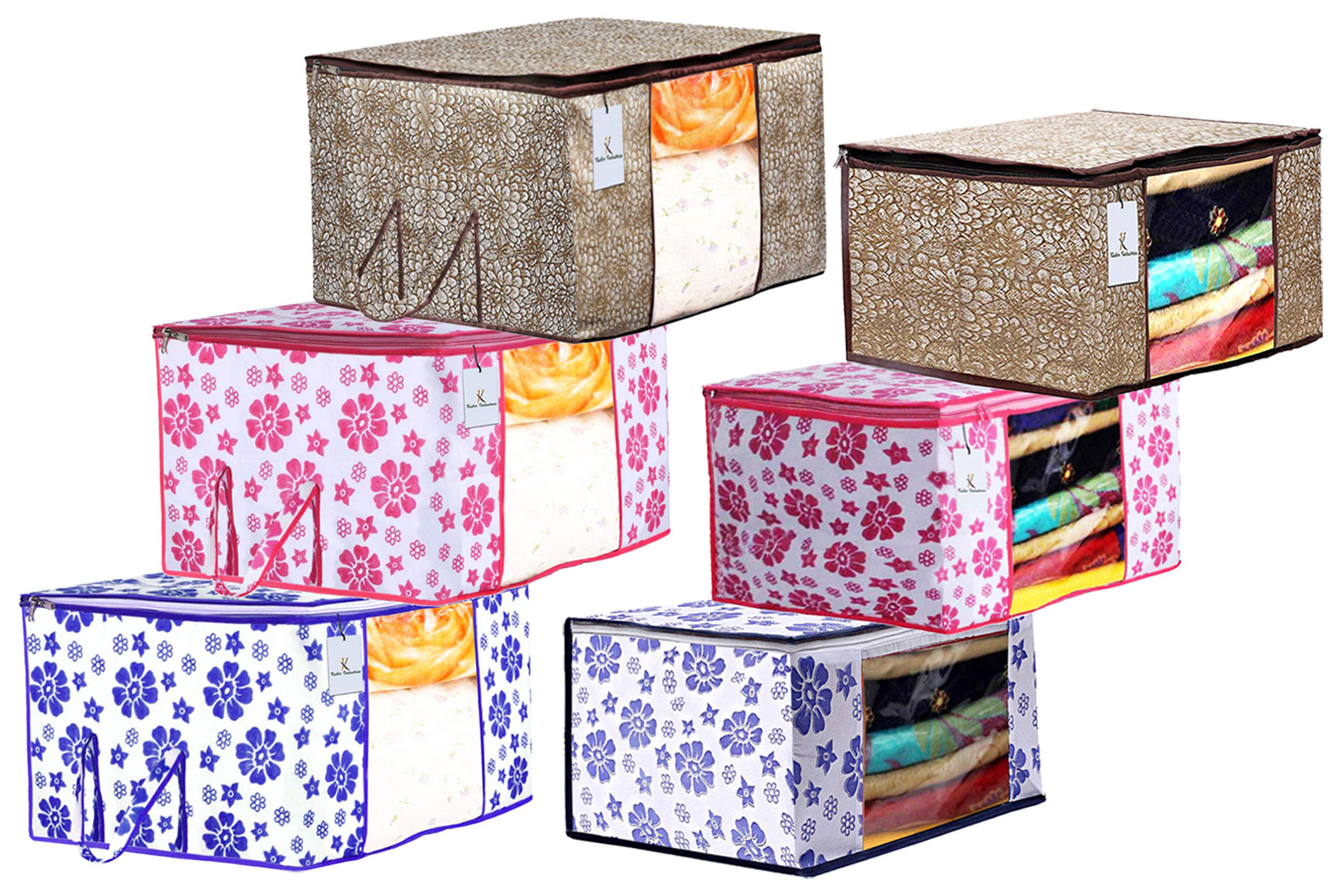 Kuber Industries Metalic & Flower Printed Non Woven Saree Cover And  Underbed Storage Bag, Storage Organiser, Blanket Cover, Golden Brown & Pink & Blue  -CTKTC42409