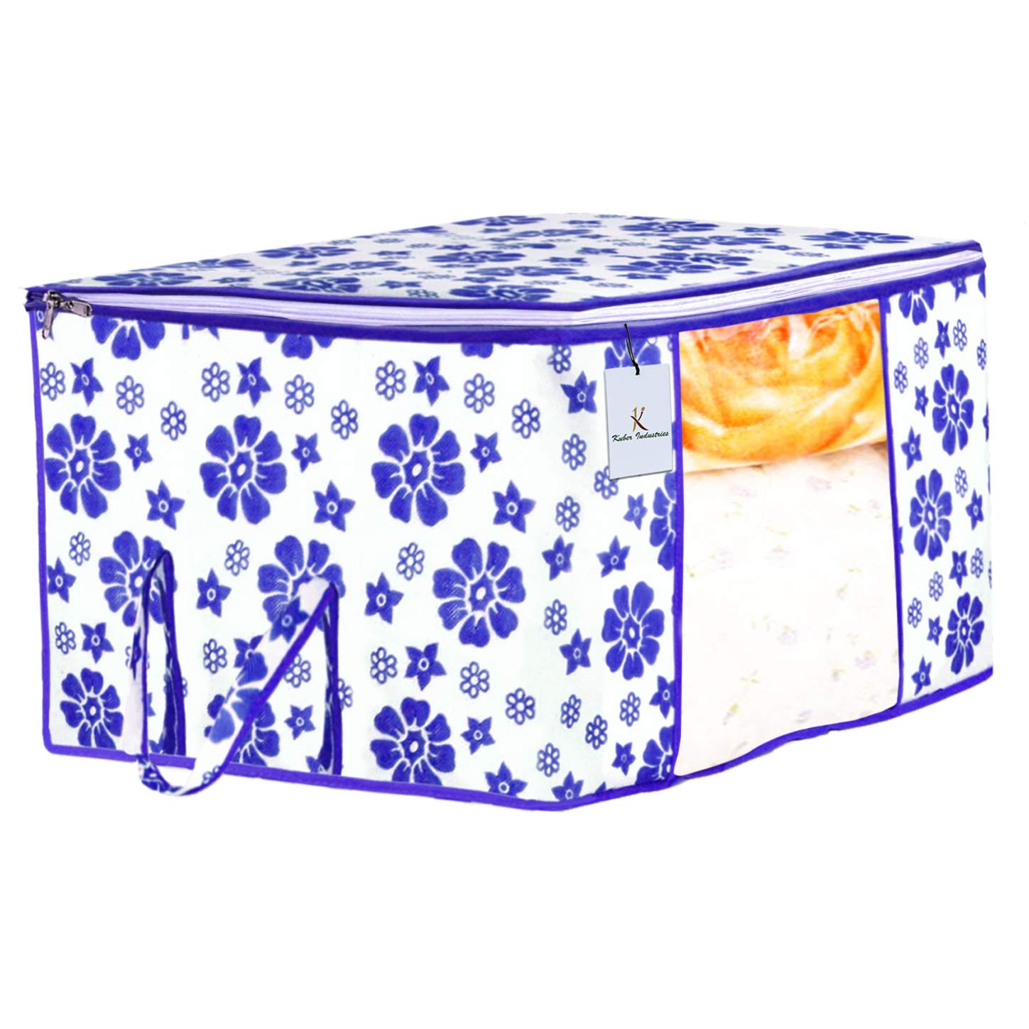 Kuber Industries Metalic & Flower Printed Non Woven Saree Cover And  Underbed Storage Bag, Storage Organiser, Blanket Cover, Golden Brown & Pink & Blue  -CTKTC42409