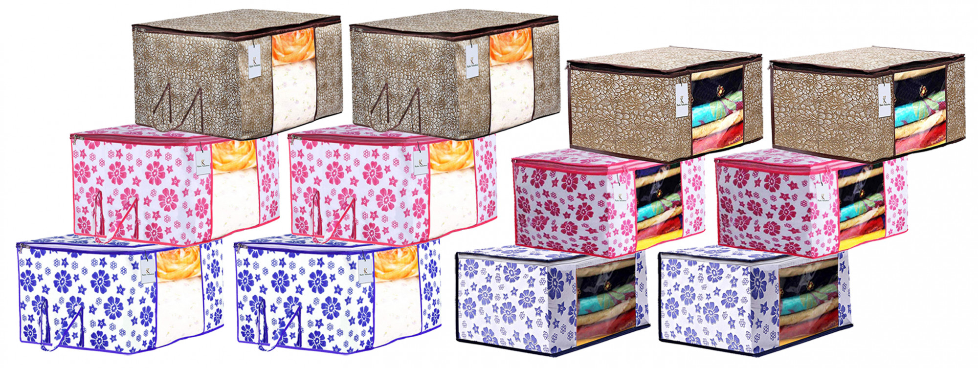 Kuber Industries Metalic & Flower Printed Non Woven Saree Cover And  Underbed Storage Bag, Storage Organiser, Blanket Cover, Golden Brown & Pink & Blue  -CTKTC42409