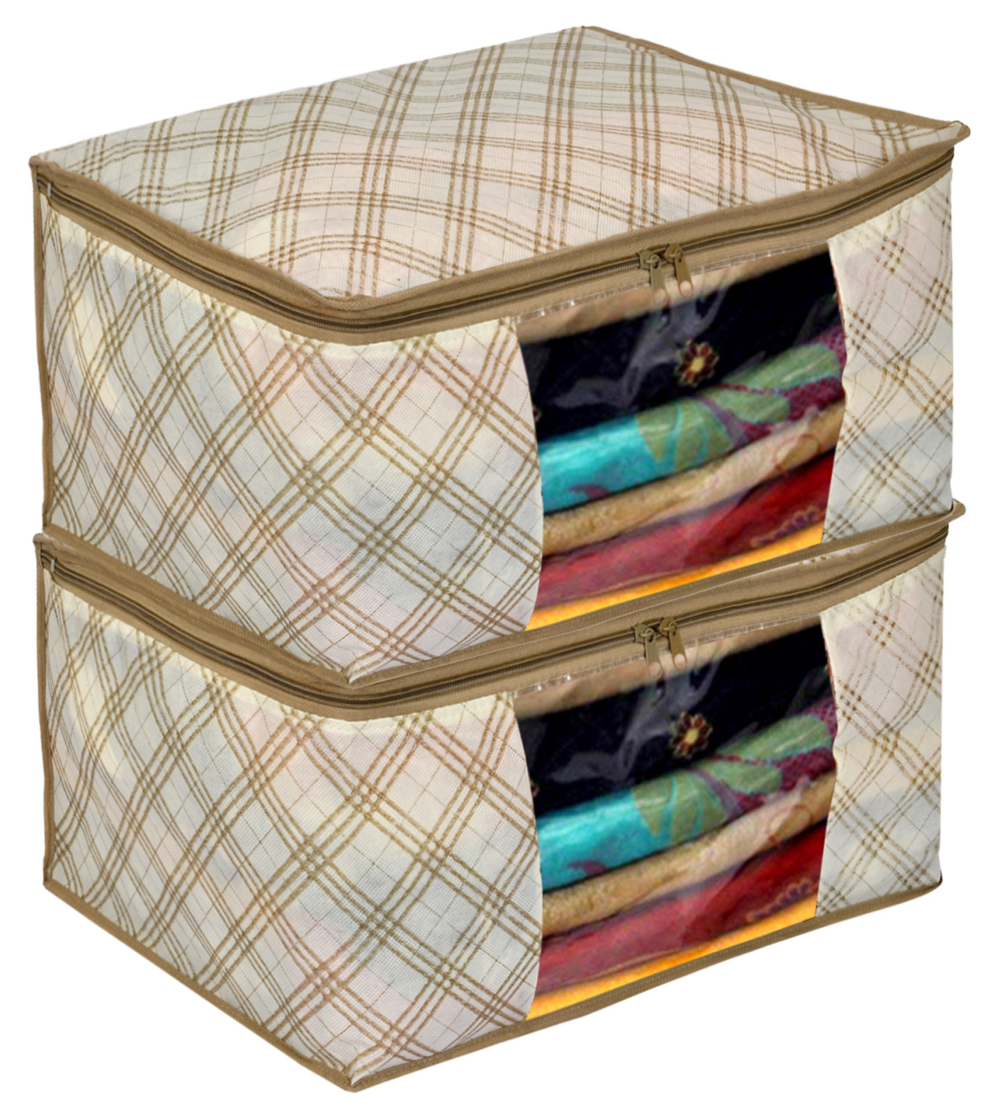 Kuber Industries Metalic Checkered Print Non Woven Fabric Saree Cover/Clothes Organiser For Wardrobe Set with Transparent Window, Extra Large (Ivory)-34_S_KUBMART16501