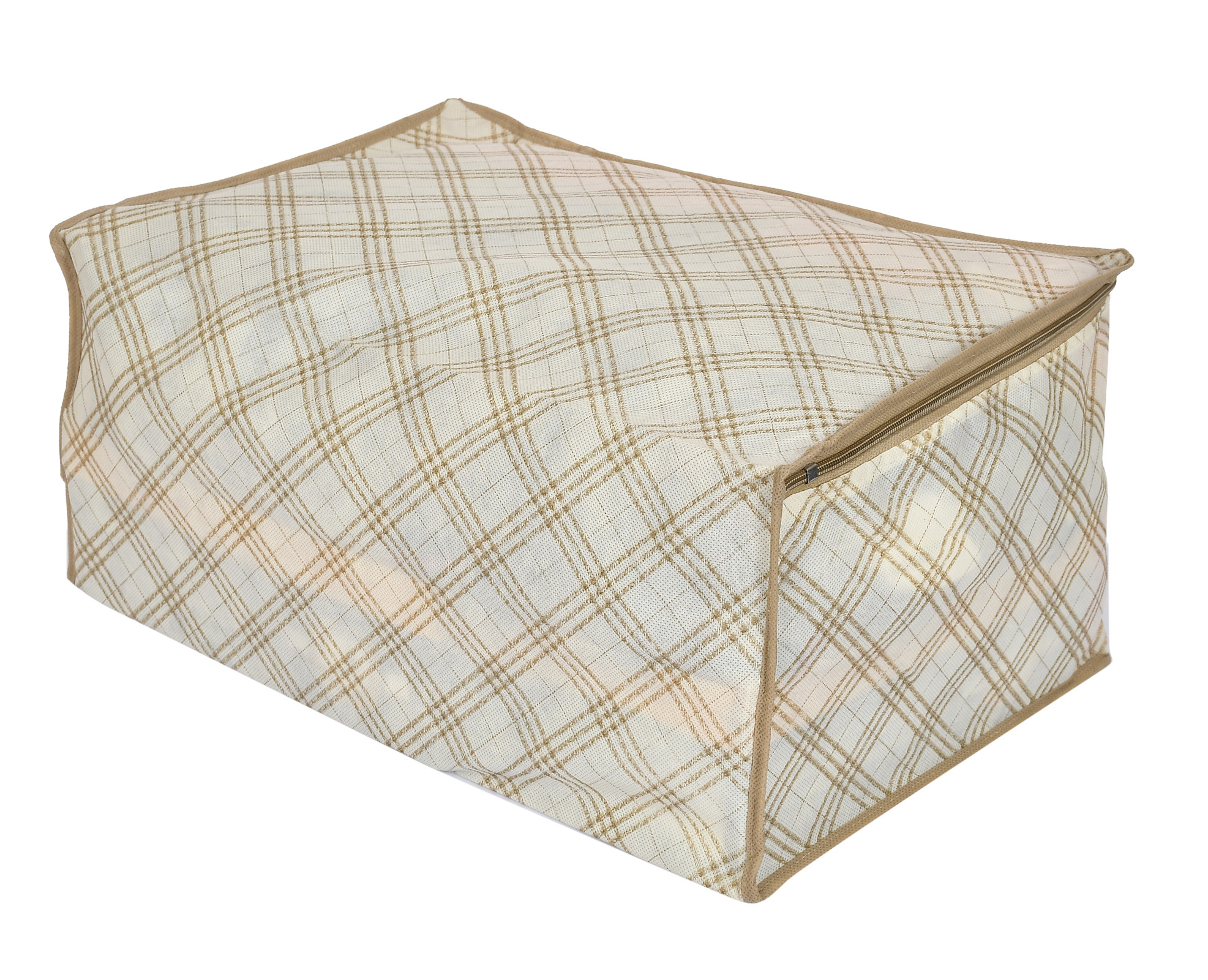 Kuber Industries Metalic Checkered Print Non Woven Fabric Saree Cover/Clothes Organiser For Wardrobe Set with Transparent Window, Extra Large (Ivory)-34_S_KUBMART16501