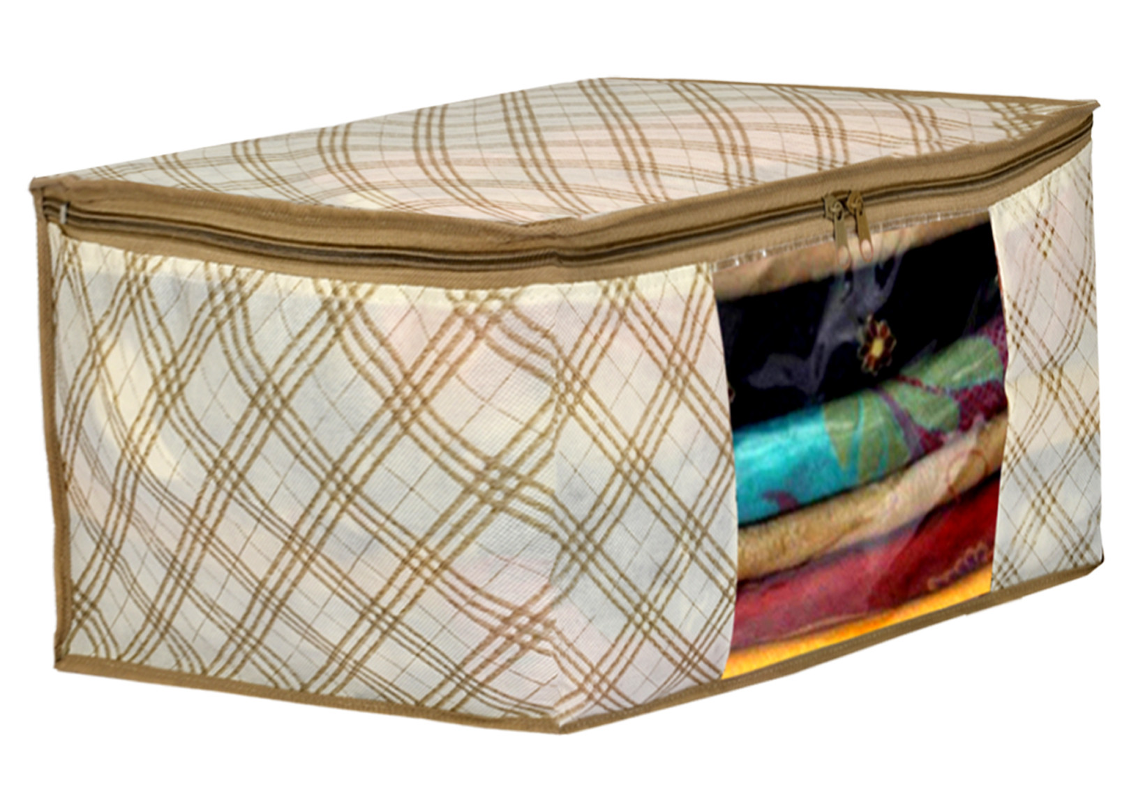 Kuber Industries Metalic Checkered Print Non Woven Fabric Saree Cover/Clothes Organiser For Wardrobe Set with Transparent Window, Extra Large (Ivory)-34_S_KUBMART16501