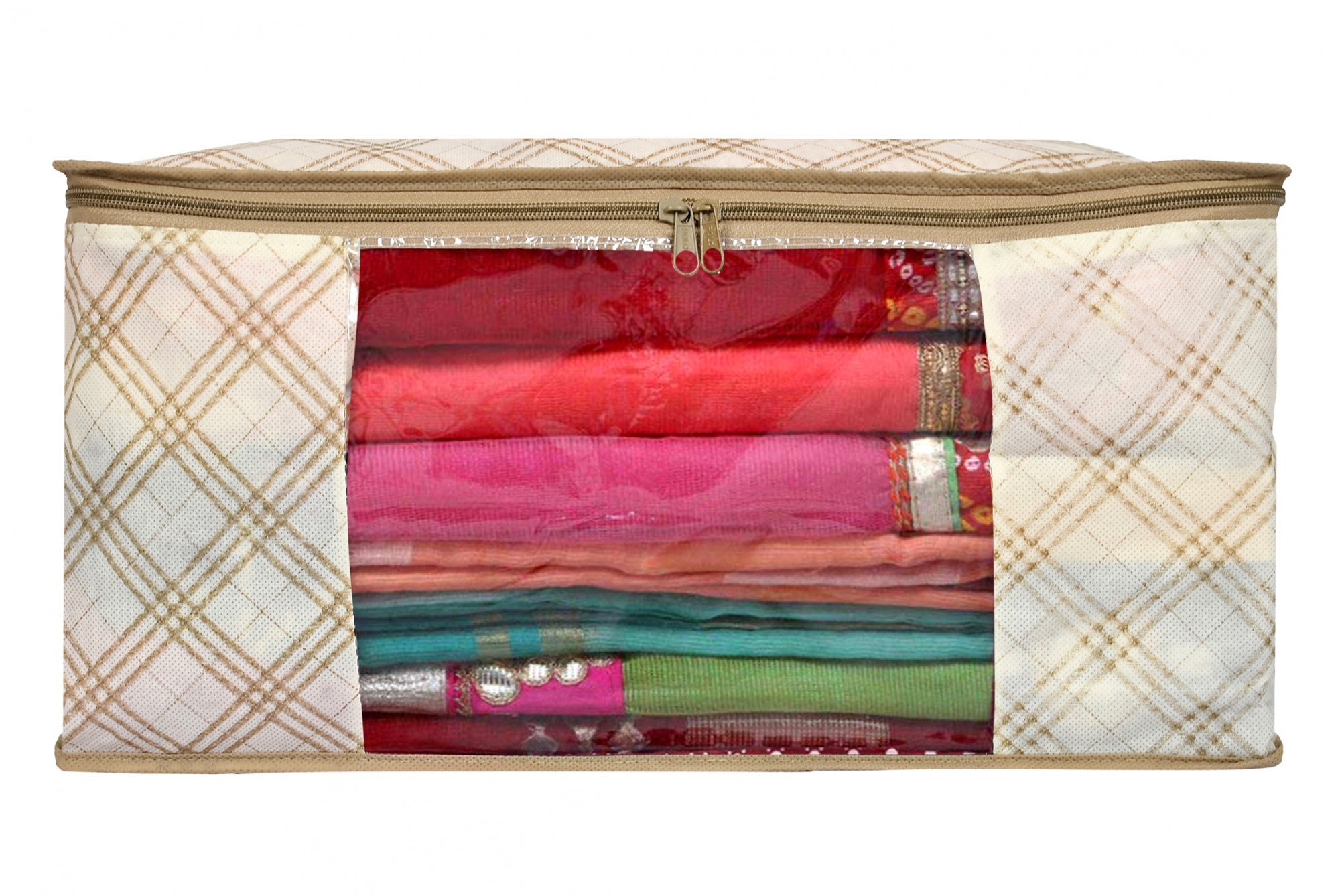 Kuber Industries Metalic Checkered Print Non Woven Fabric Saree Cover/Clothes Organiser For Wardrobe Set with Transparent Window, Extra Large (Ivory)-34_S_KUBMART16501