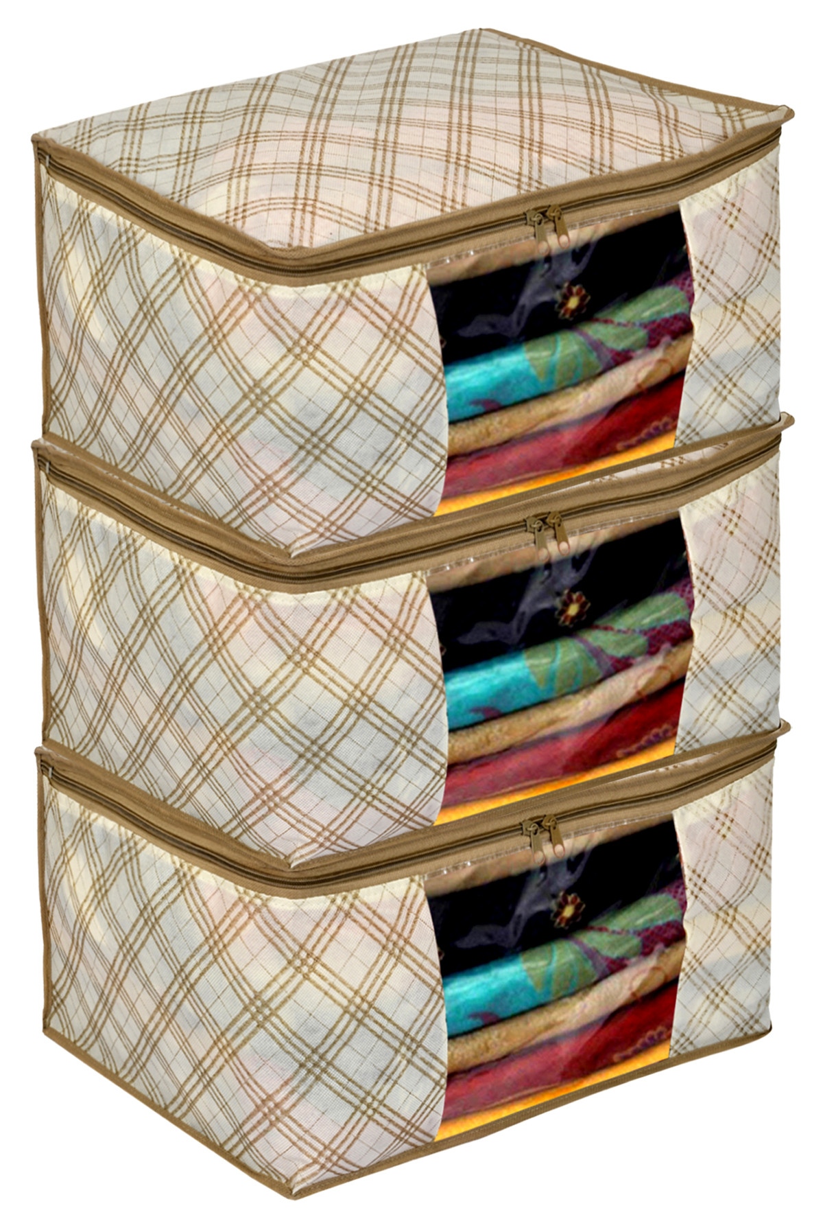 Kuber Industries Metalic Checkered Print Non Woven Fabric Saree Cover/Clothes Organiser For Wardrobe Set with Transparent Window, Extra Large (Ivory)-34_S_KUBMART16501