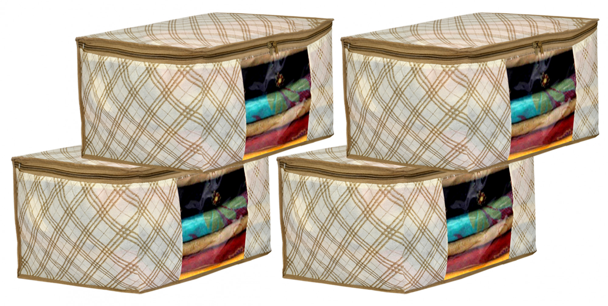 Kuber Industries Metalic Checkered Print Non Woven Fabric Saree Cover/Clothes Organiser For Wardrobe Set with Transparent Window, Extra Large (Ivory)-34_S_KUBMART16501