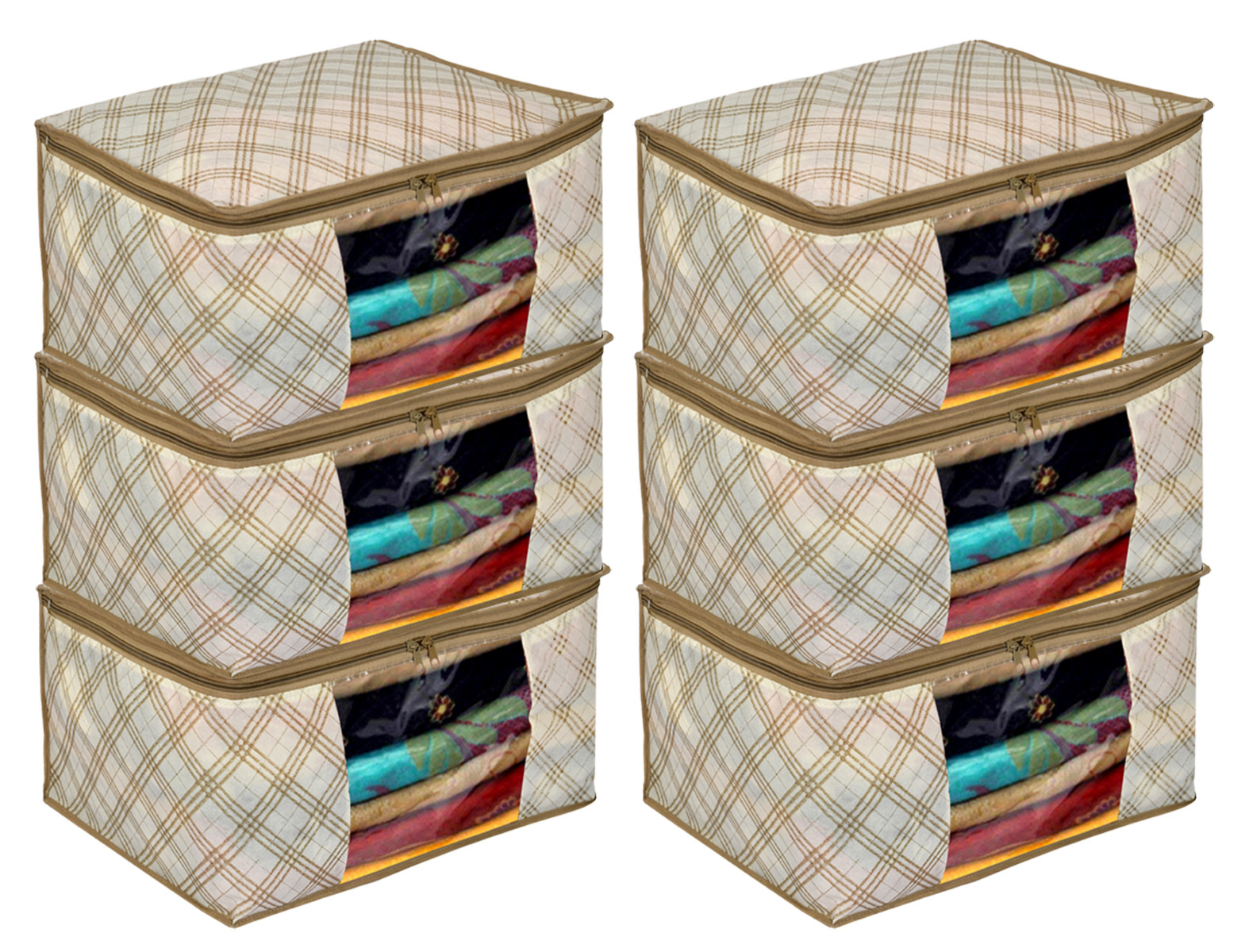 Kuber Industries Metalic Checkered Print Non Woven Fabric Saree Cover/Clothes Organiser For Wardrobe Set with Transparent Window, Extra Large (Ivory)-34_S_KUBMART16501