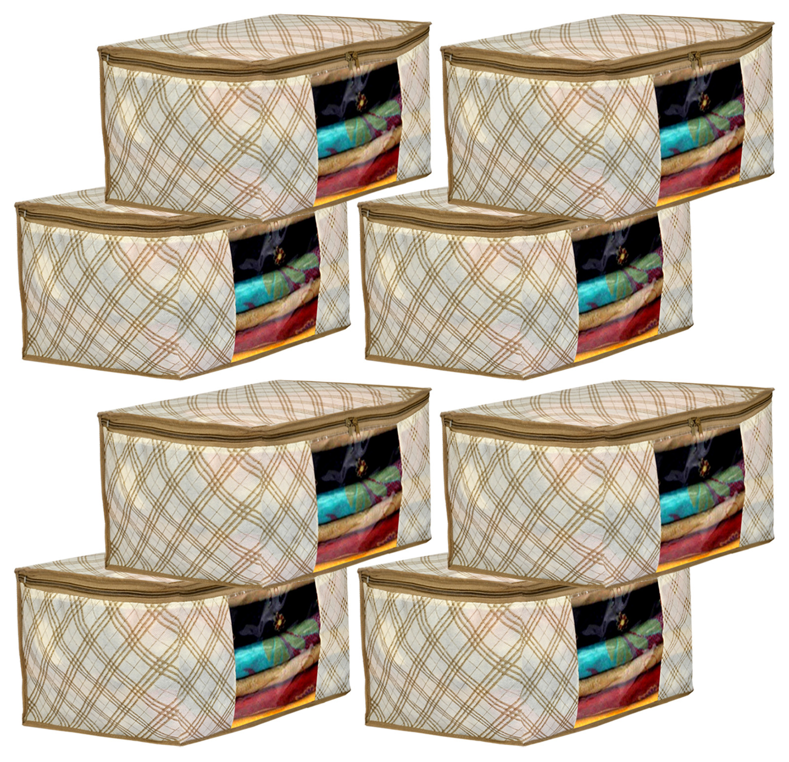Kuber Industries Metalic Checkered Print Non Woven Fabric Saree Cover/Clothes Organiser For Wardrobe Set with Transparent Window, Extra Large (Ivory)-34_S_KUBMART16501