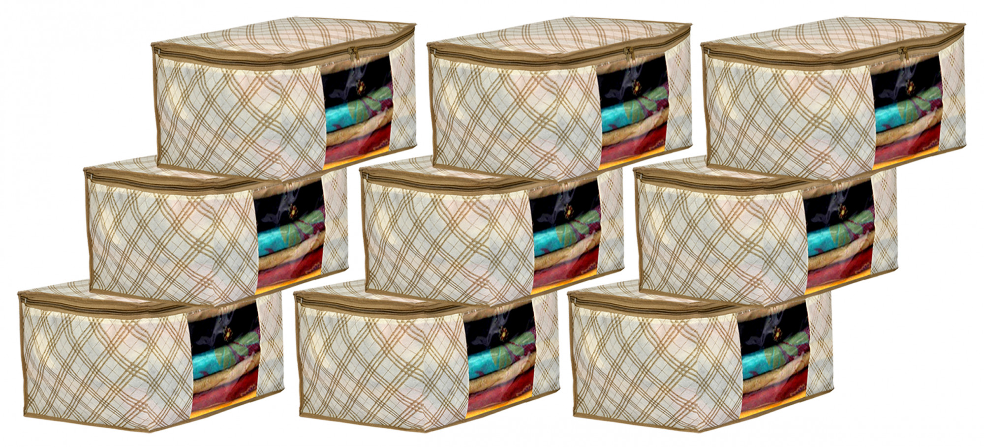 Kuber Industries Metalic Checkered Print Non Woven Fabric Saree Cover/Clothes Organiser For Wardrobe Set with Transparent Window, Extra Large (Ivory)-34_S_KUBMART16501