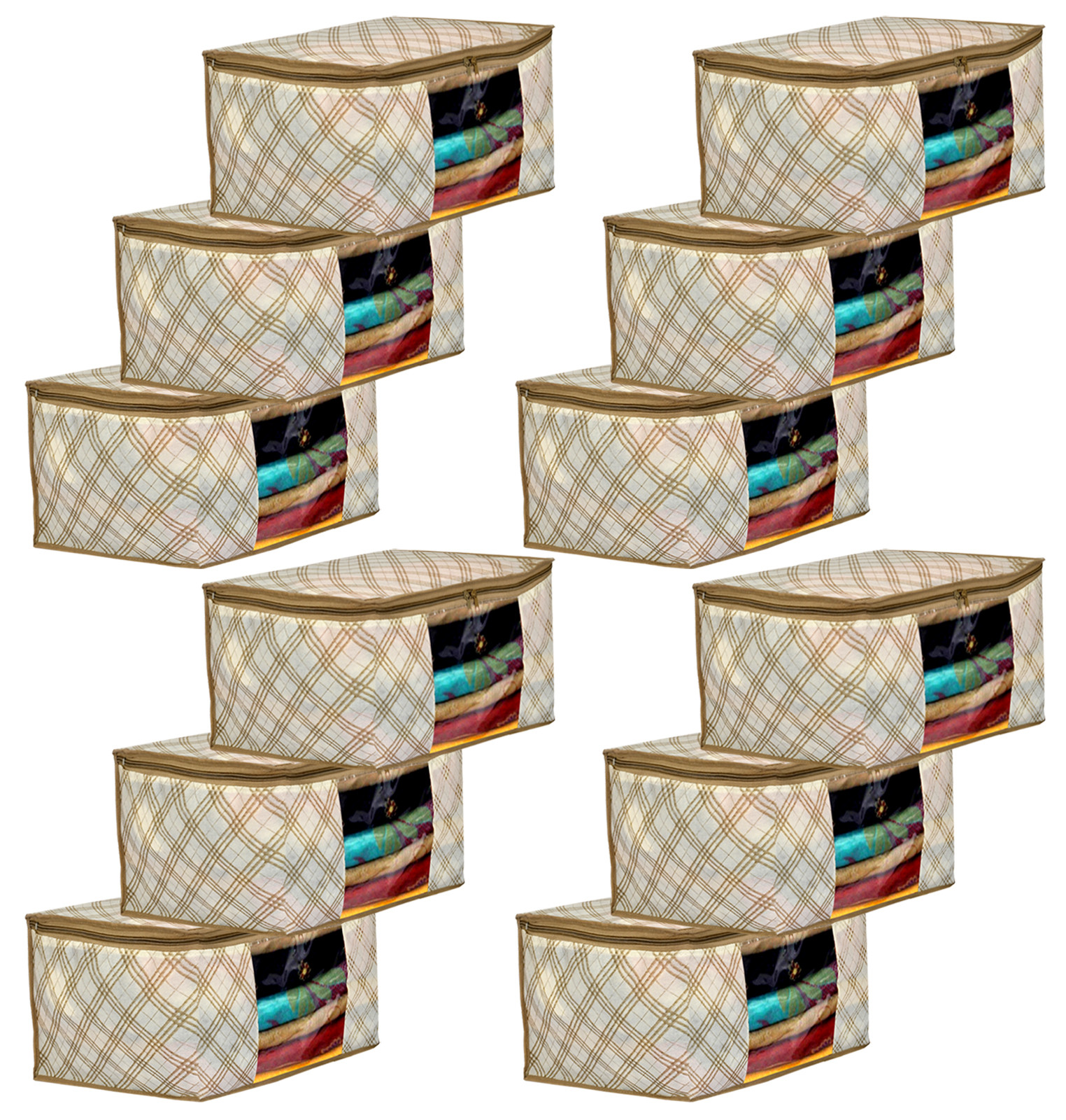Kuber Industries Metalic Checkered Print Non Woven Fabric Saree Cover/Clothes Organiser For Wardrobe Set with Transparent Window, Extra Large (Ivory)-34_S_KUBMART16501