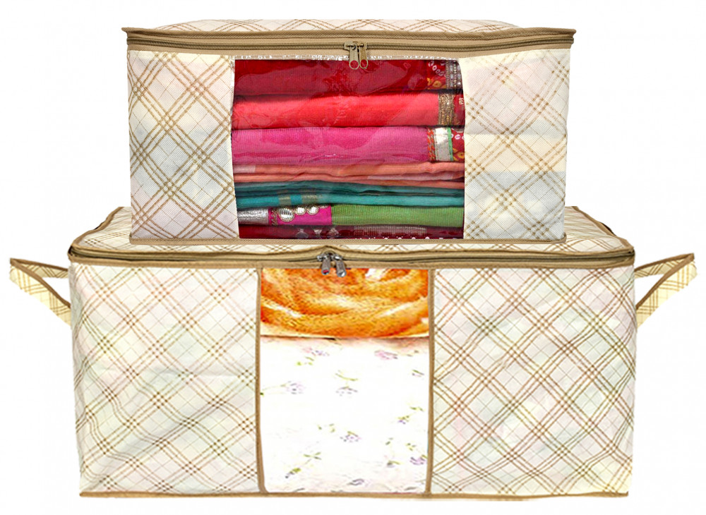 Kuber Industries Metalic Checkered Print Non Woven Saree Cover And Underbed Storage Bag, Storage Organiser, Blanket Cover (Ivory)-34_S_KUBMART16667