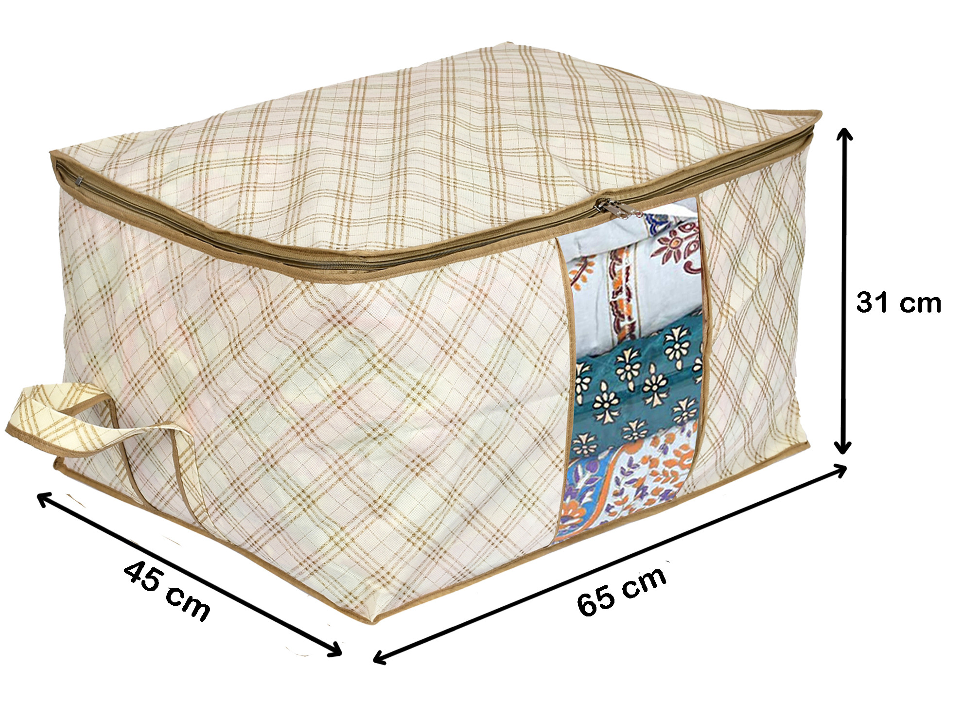 Kuber Industries Metalic Checkered Print Non Woven Saree Cover And Underbed Storage Bag, Storage Organiser, Blanket Cover (Ivory)-34_S_KUBMART16667