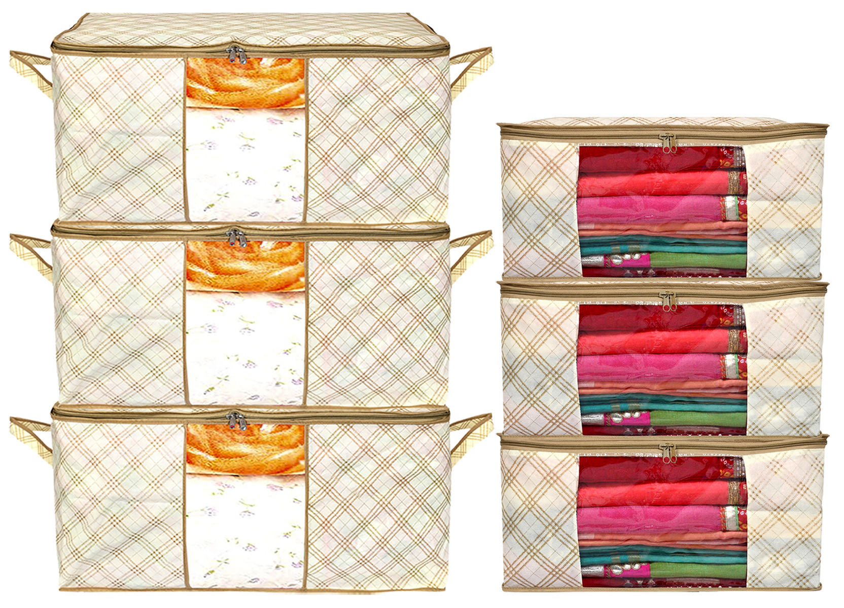 Kuber Industries Metalic Checkered Print Non Woven Saree Cover And Underbed Storage Bag, Storage Organiser, Blanket Cover (Ivory)-34_S_KUBMART16667