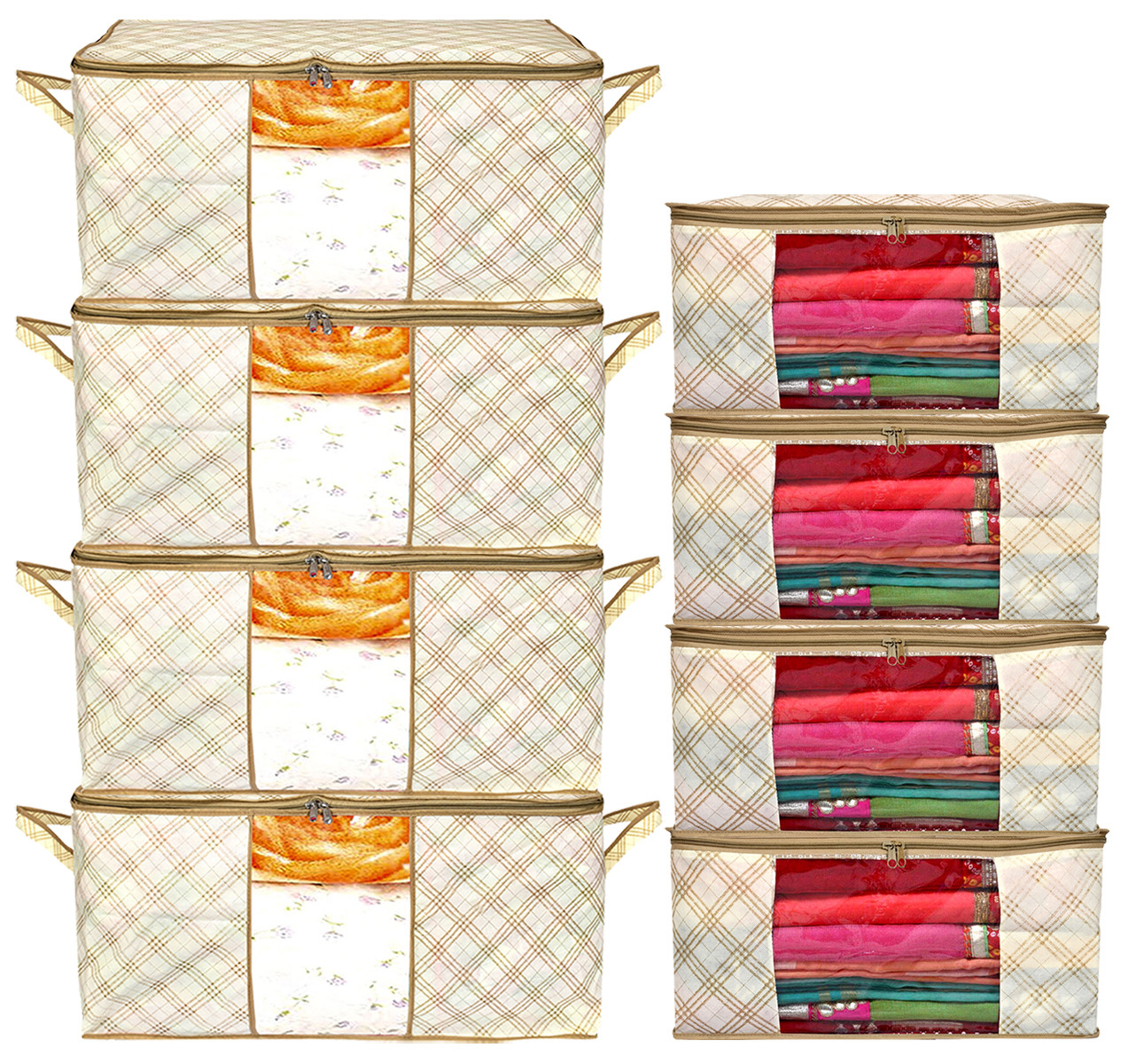 Kuber Industries Metalic Checkered Print Non Woven Saree Cover And Underbed Storage Bag, Storage Organiser, Blanket Cover (Ivory)-34_S_KUBMART16667