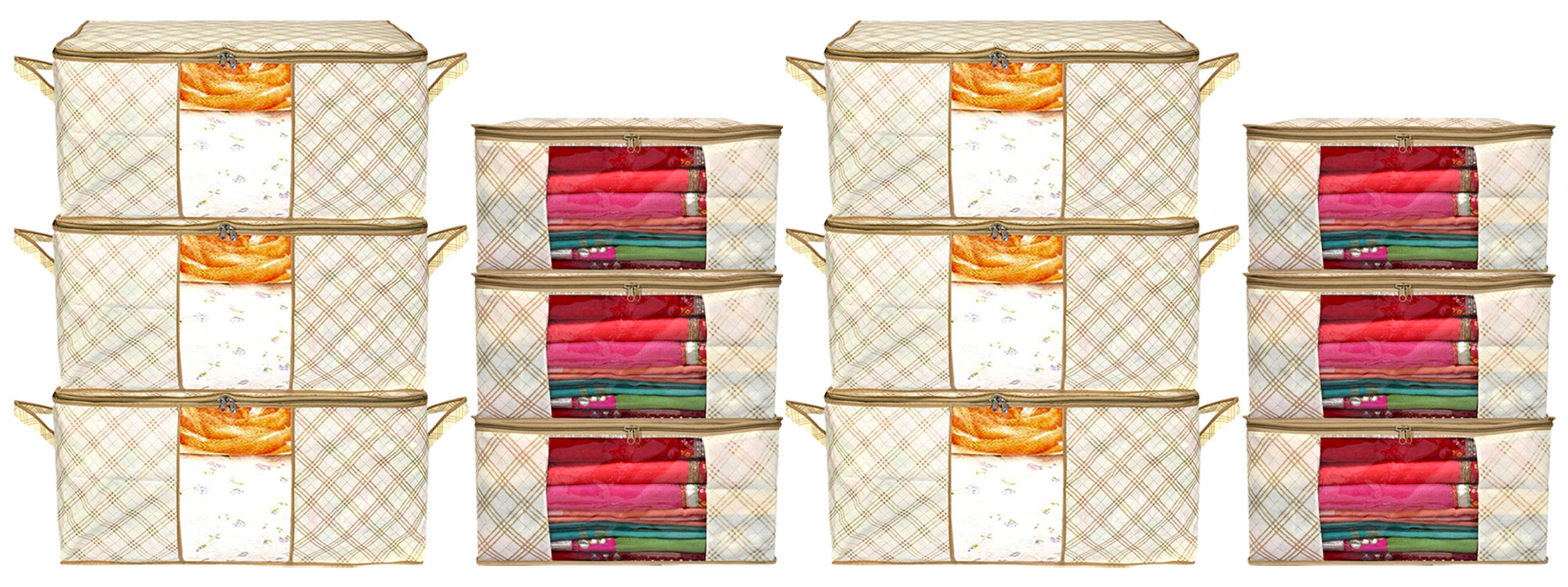 Kuber Industries Metalic Checkered Print Non Woven Saree Cover And Underbed Storage Bag, Storage Organiser, Blanket Cover (Ivory)-34_S_KUBMART16667