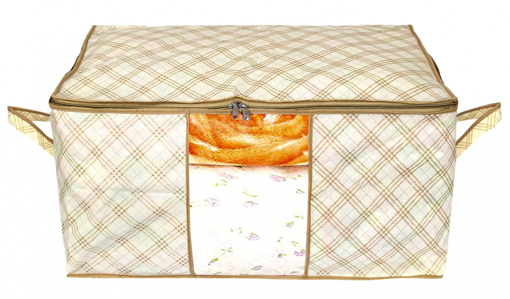 Kuber Industries Metalic Checkered Print Non Woven Underbed Storage Bag,Cloth Organiser,Blanket Cover with Transparent Window (Ivory)-34_S_KUBMART16581