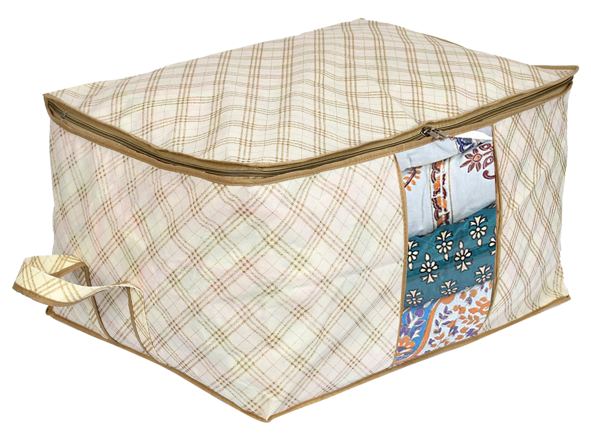 Kuber Industries Metalic Checkered Print Non Woven Underbed Storage Bag,Cloth Organiser,Blanket Cover with Transparent Window (Ivory)-34_S_KUBMART16581