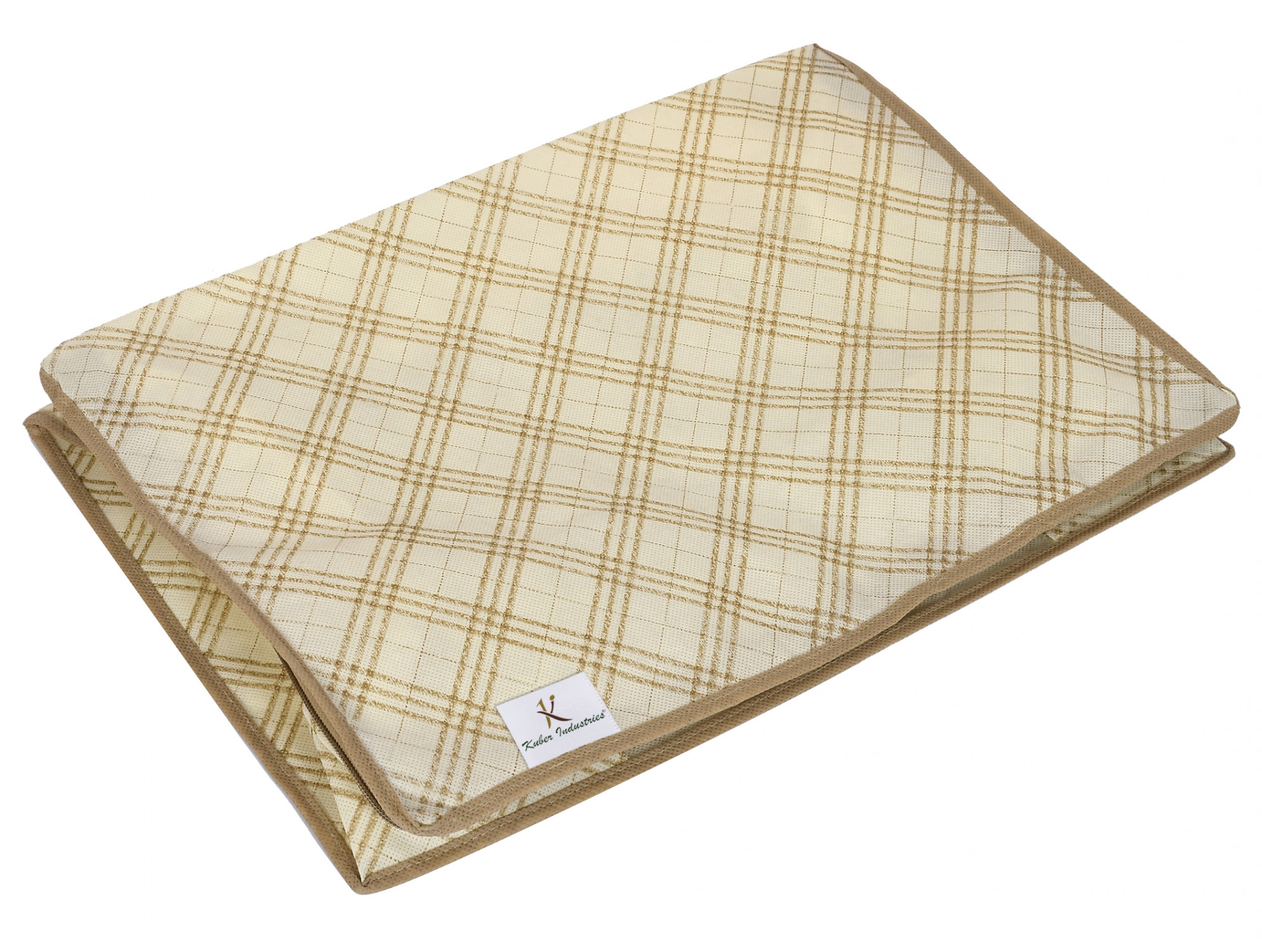 Kuber Industries Metalic Checkered Print Non Woven Underbed Storage Bag,Cloth Organiser,Blanket Cover with Transparent Window (Ivory)-34_S_KUBMART16581