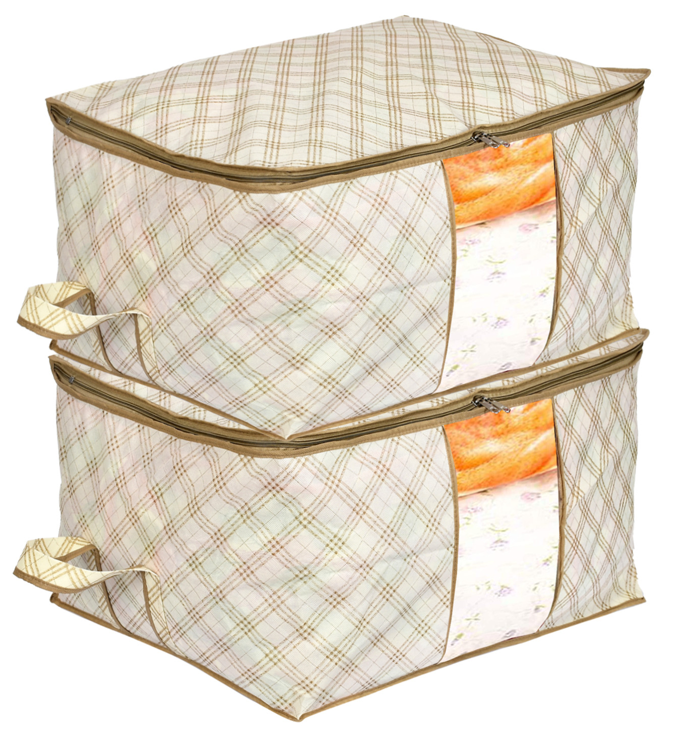 Kuber Industries Metalic Checkered Print Non Woven Underbed Storage Bag,Cloth Organiser,Blanket Cover with Transparent Window (Ivory)-34_S_KUBMART16581