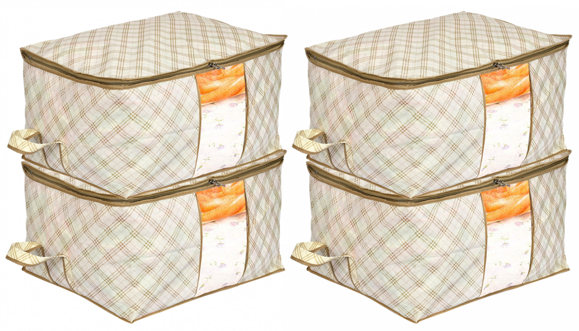 Kuber Industries Metalic Checkered Print Non Woven Underbed Storage Bag,Cloth Organiser,Blanket Cover with Transparent Window (Ivory)-34_S_KUBMART16581