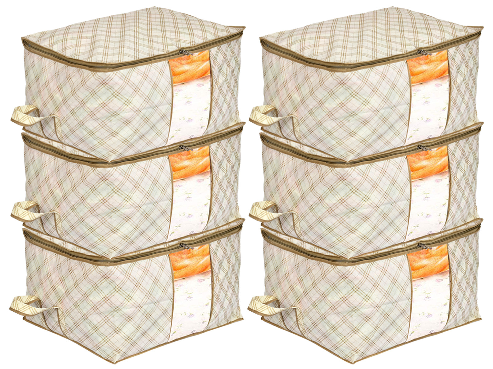 Kuber Industries Metalic Checkered Print Non Woven Underbed Storage Bag,Cloth Organiser,Blanket Cover with Transparent Window (Ivory)-34_S_KUBMART16581